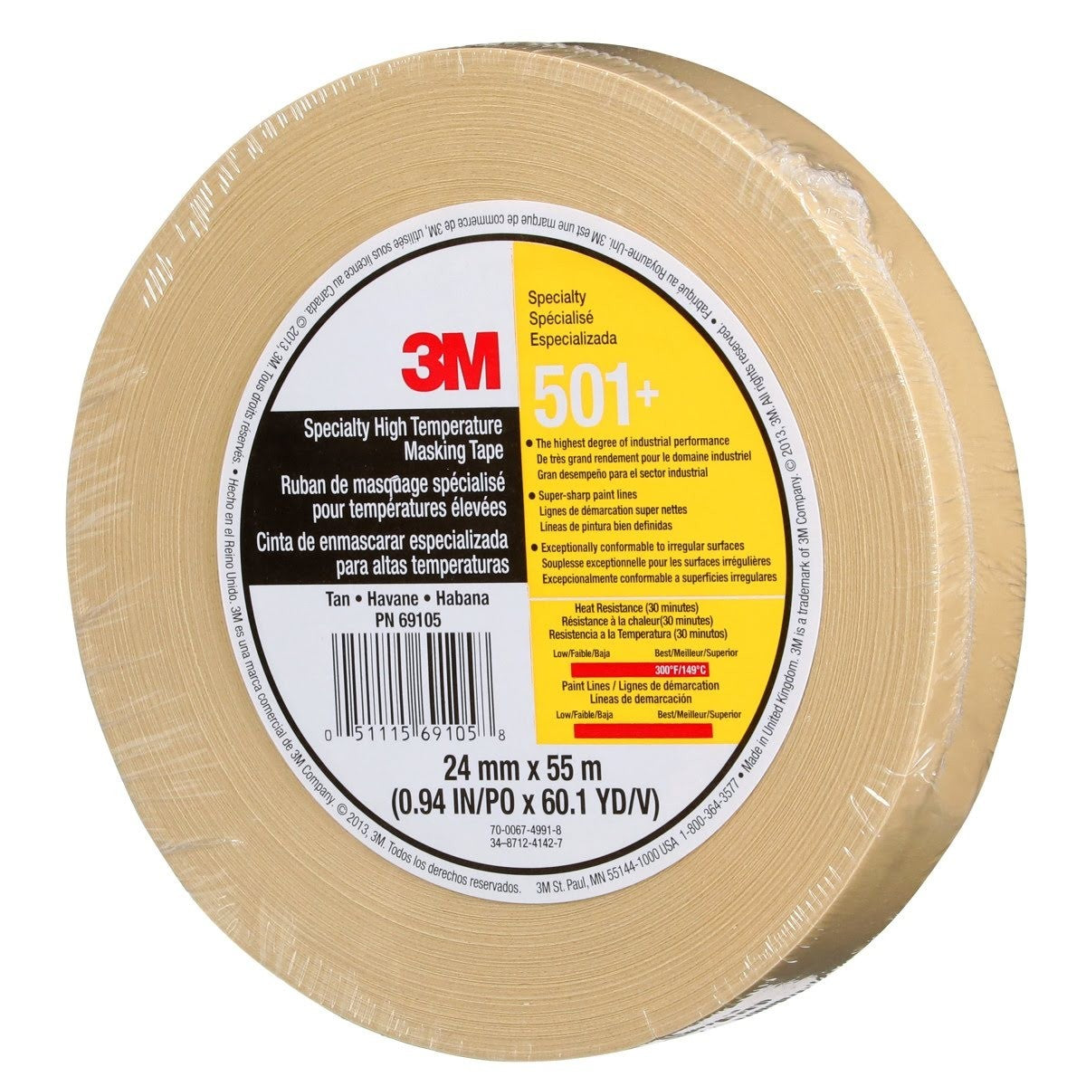 3M 501+ 501+ IW Scotch Specialty High Temperature Masking Tape, Tan, 24 mm x 55 m (7010302439) - (36Pack) - 9