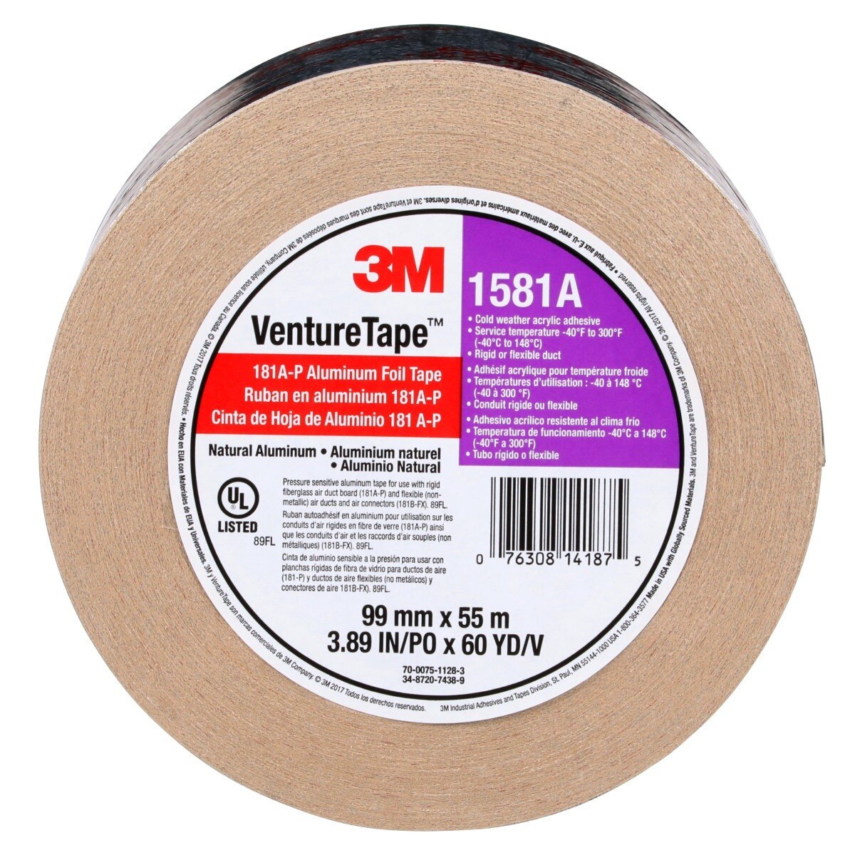 3M 1581A UL181A-P Aluminum Foil Tape, Natural Aluminum, Rigid/Flexible Duct Seaming, Cold Weather Adhesion, 3-7/8 in x 60 yd, 2 mil (7010302857) - (12Pack) - 7