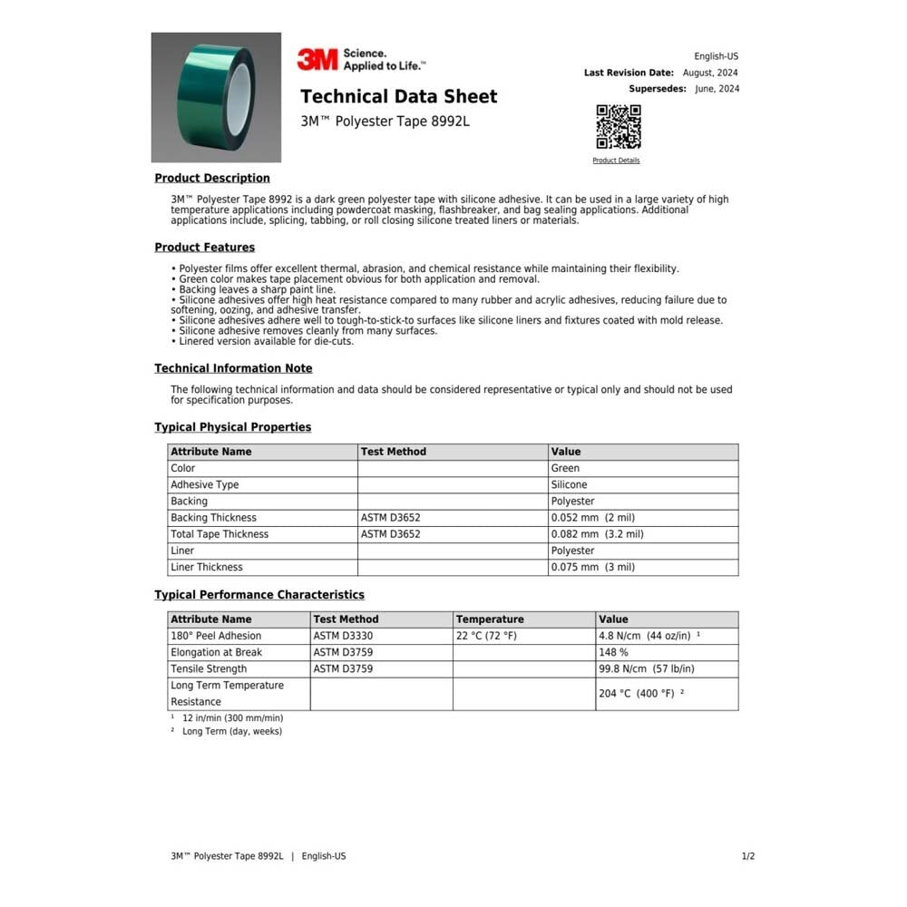 3M 8992L Polyester Tape , 24' x 72 yd. 3.2 mil, Green (7010313272) - 3
