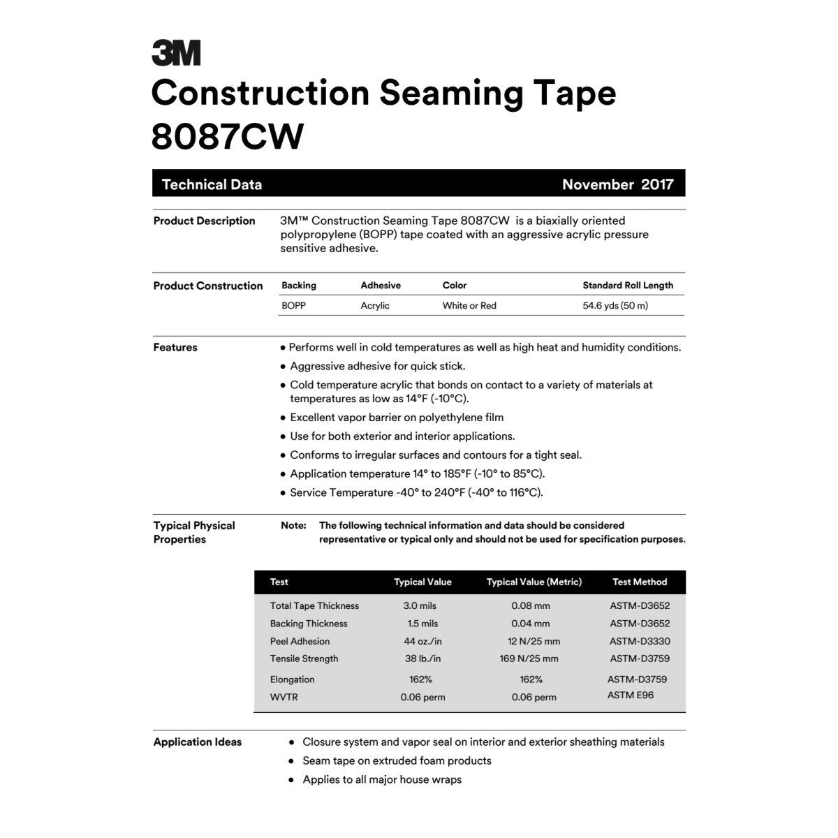 3M 8087CW Construction Seaming Tape, Red, 48 mm x 50 m, BOPP Acrylic, Cold Weather Sheathing/Housewrap (7010314187) - (24Pack) - 2
