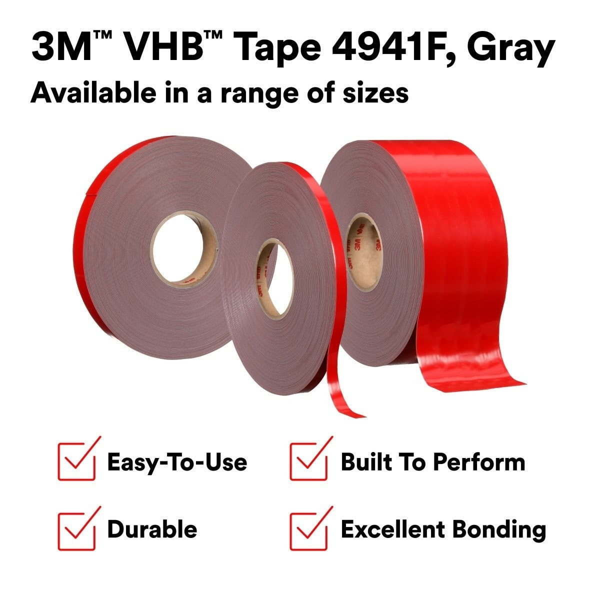 3M 4941 4941F VHB Double Sided Tape, Gray, 3/4 in x 36 yd, 45 mil, Film Liner (7010334382) (3 Pack) - 3