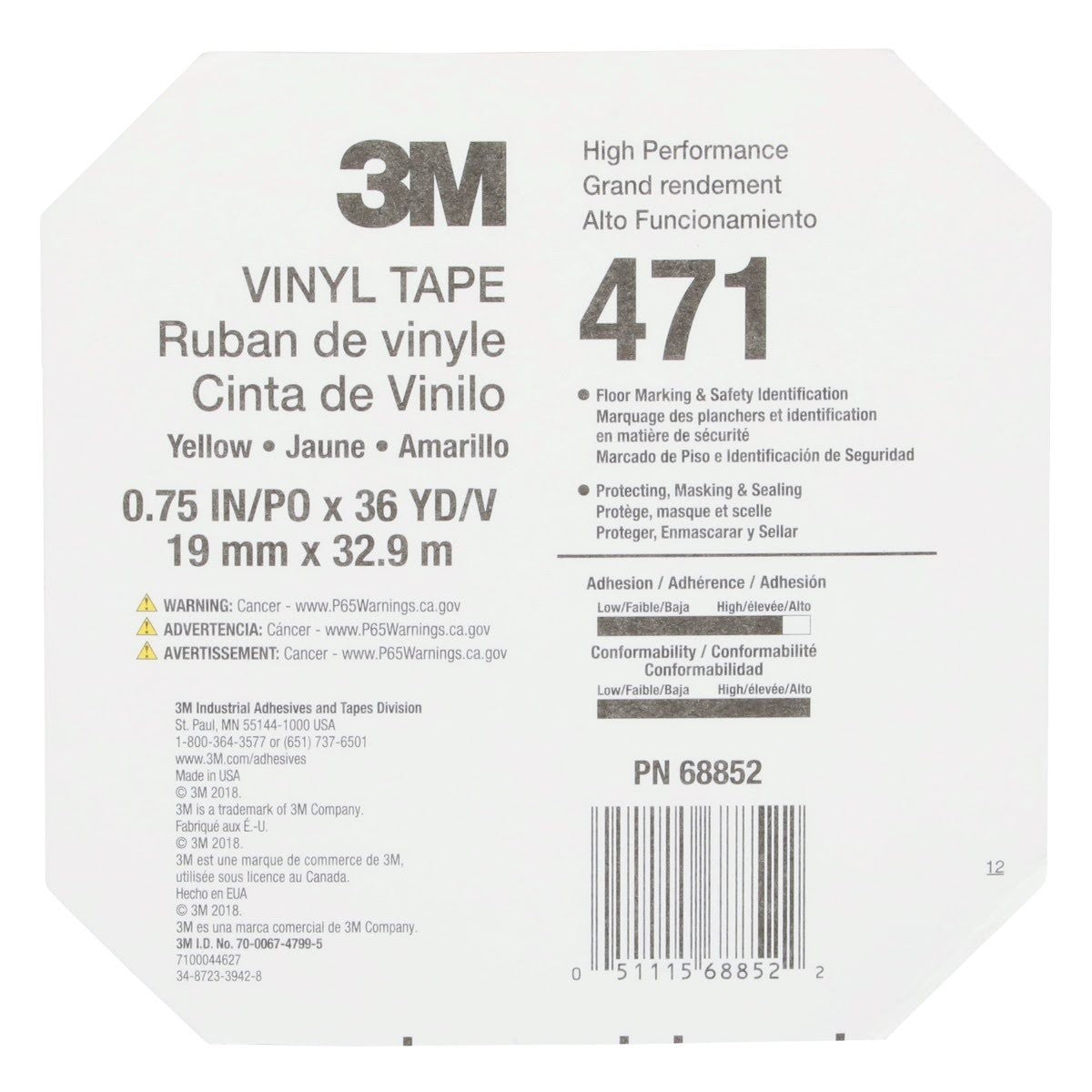 3M 471 Vinyl Tape, Yellow, 3/4 in x 36 yd, 5.2 mil (7010334520) (48 Pack) - 9