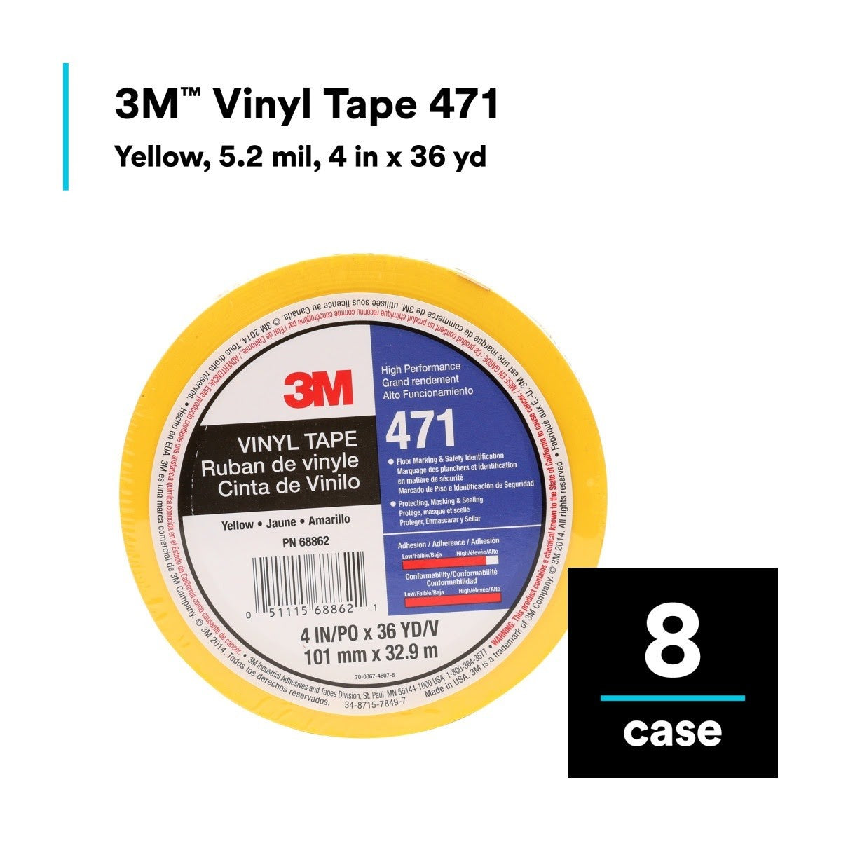 3M 471 471 IW Vinyl Tape, Yellow, 4 in x 36 yd, 5.2 mil, Individually Wrapped Conveniently Packaged (7010335141) - (8Pack) - 4