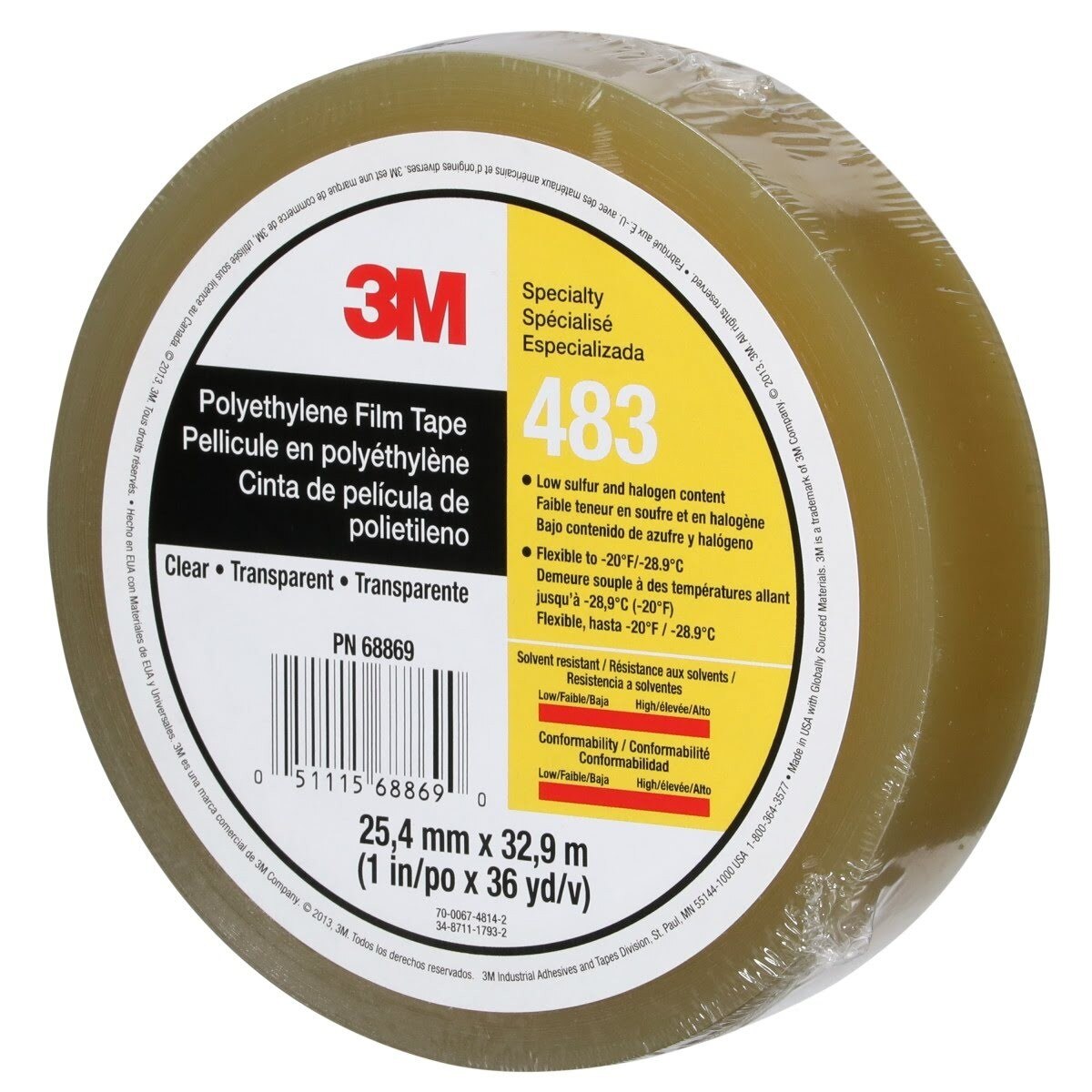 3M 483 Polyethylene Tape, Transparent, 1 in x 36 yd, 5.0 mil (483 IW) (7010335143) - (36Pack) - 3