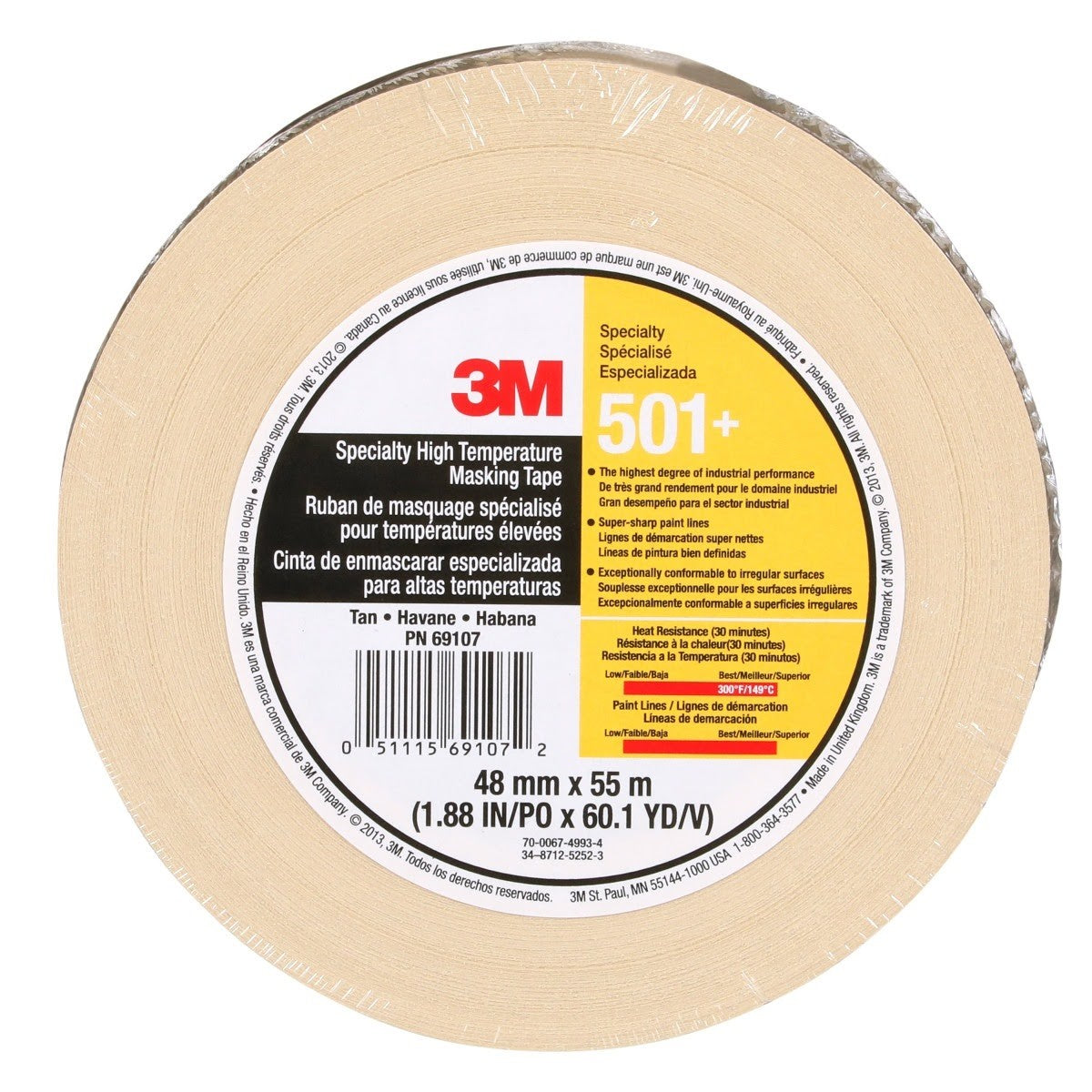 3M 501+ Specialty High Temperature Masking Tape, Tan, 48 mm x 55 m (7010335156) - (24Pack) - 3