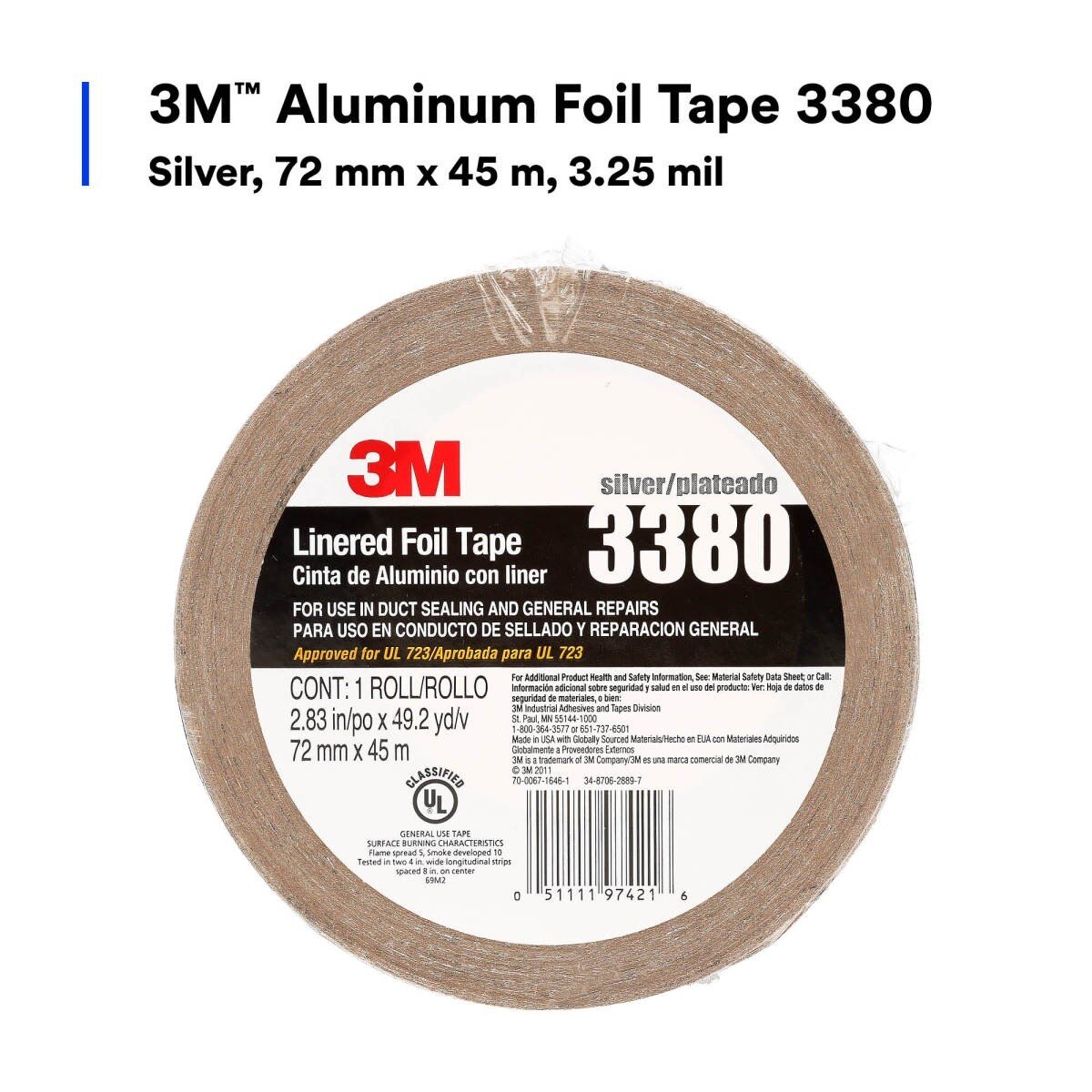 3M 3380 Aluminum Foil Tape, Silver, 72 mm x 45 m, 3.25 mil (7010375681) - (16Pack) - 5