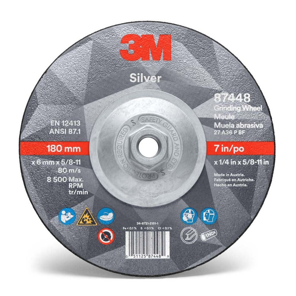 3M 87448 Silver Depressed Center Grinding Wheel, 36+, T27 Quick Change, 7 in x 1/4 in x 5/8 in-11 (7010412150) (20 Pack)
