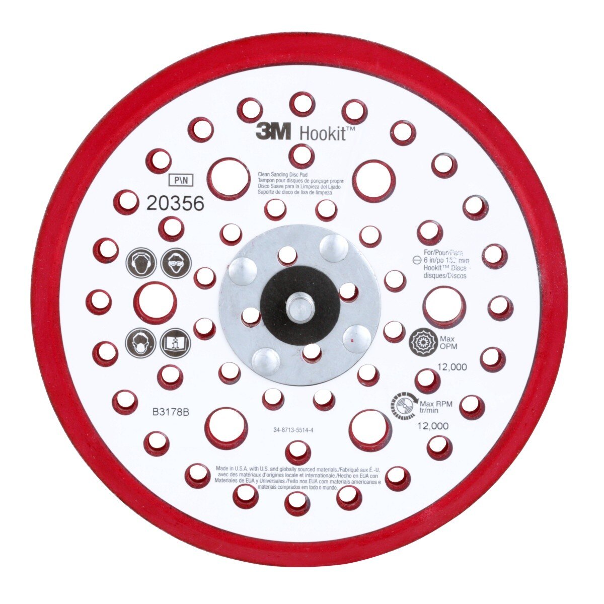 3M Xtract Hookit Low Profile Back-up Pad, 52 Holes, Red, 6 in, 5/16-24 External (20356) (7100027464) - (10Pack)