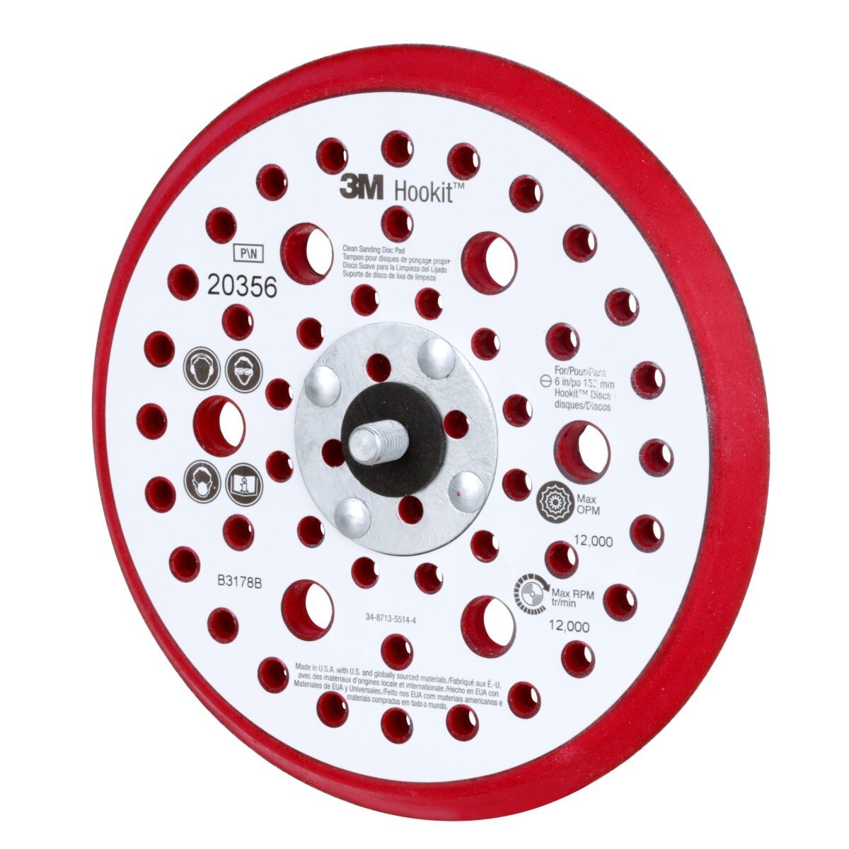 3M Xtract Hookit Low Profile Back-up Pad, 52 Holes, Red, 6 in, 5/16-24 External (20356) (7100027464) - (10Pack) - 3