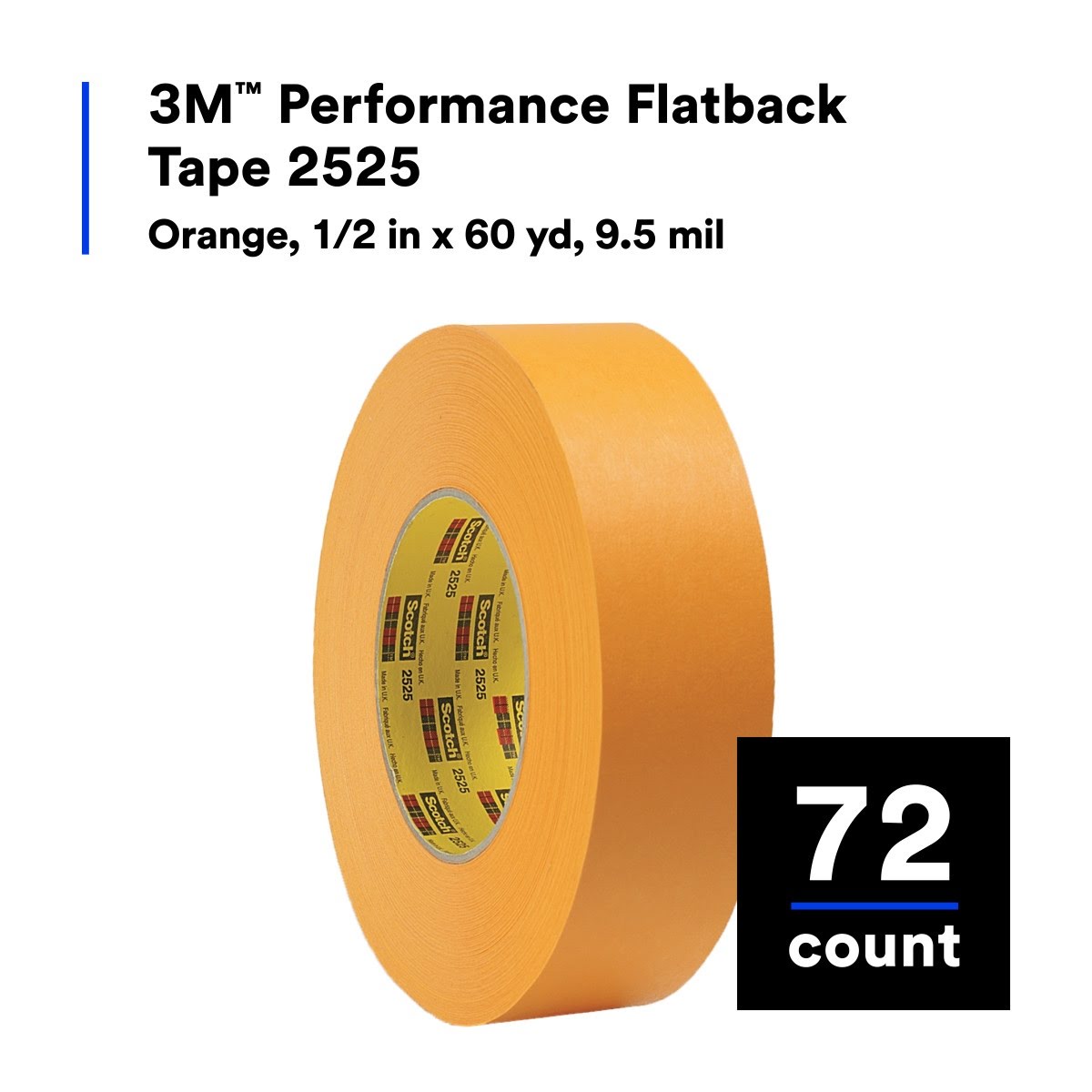 3M 2525 Performance Flatback Tape Orange High Visibility High Tack High Temperature Hand Tearable 1/2 in x 60 yd 9.5 mil (7100034662) (72 Pack) - 3