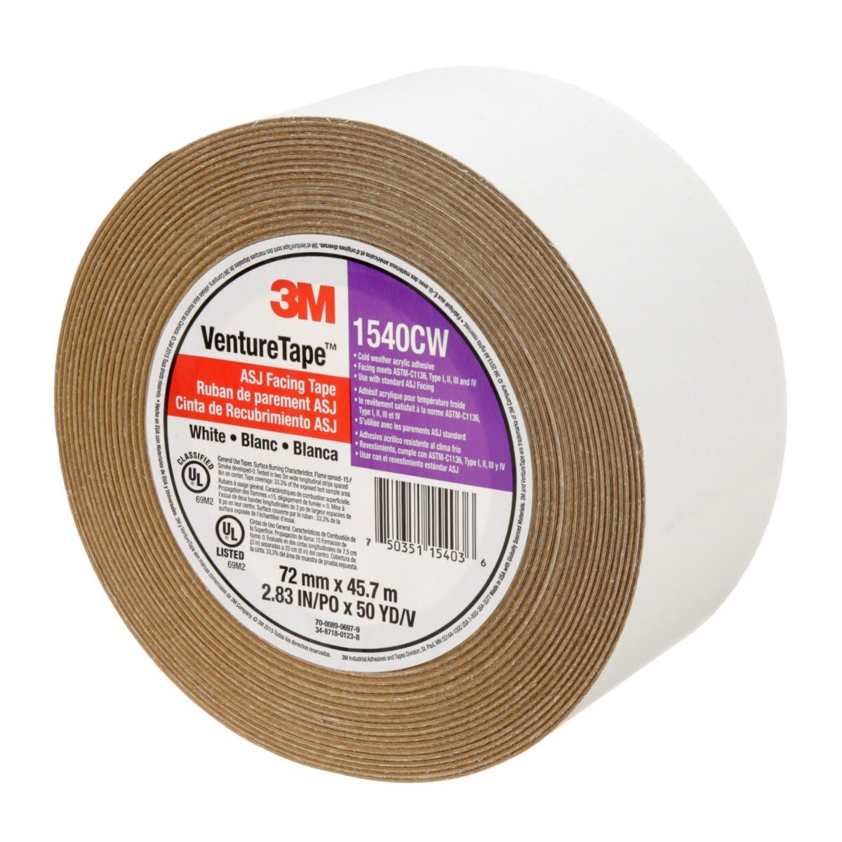 3M 1540CW Venture Tape ASJ Facing Tape, White, 72 mm x 45.7 m (7100043768) - (16Pack) - 2