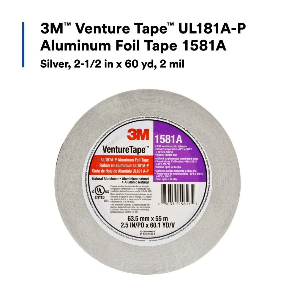 3M 1581A Venture Tape UL181A-P Aluminum Foil Tape Silver 2 1/2 in x 60 yd 2 mil (7100043830) - 3