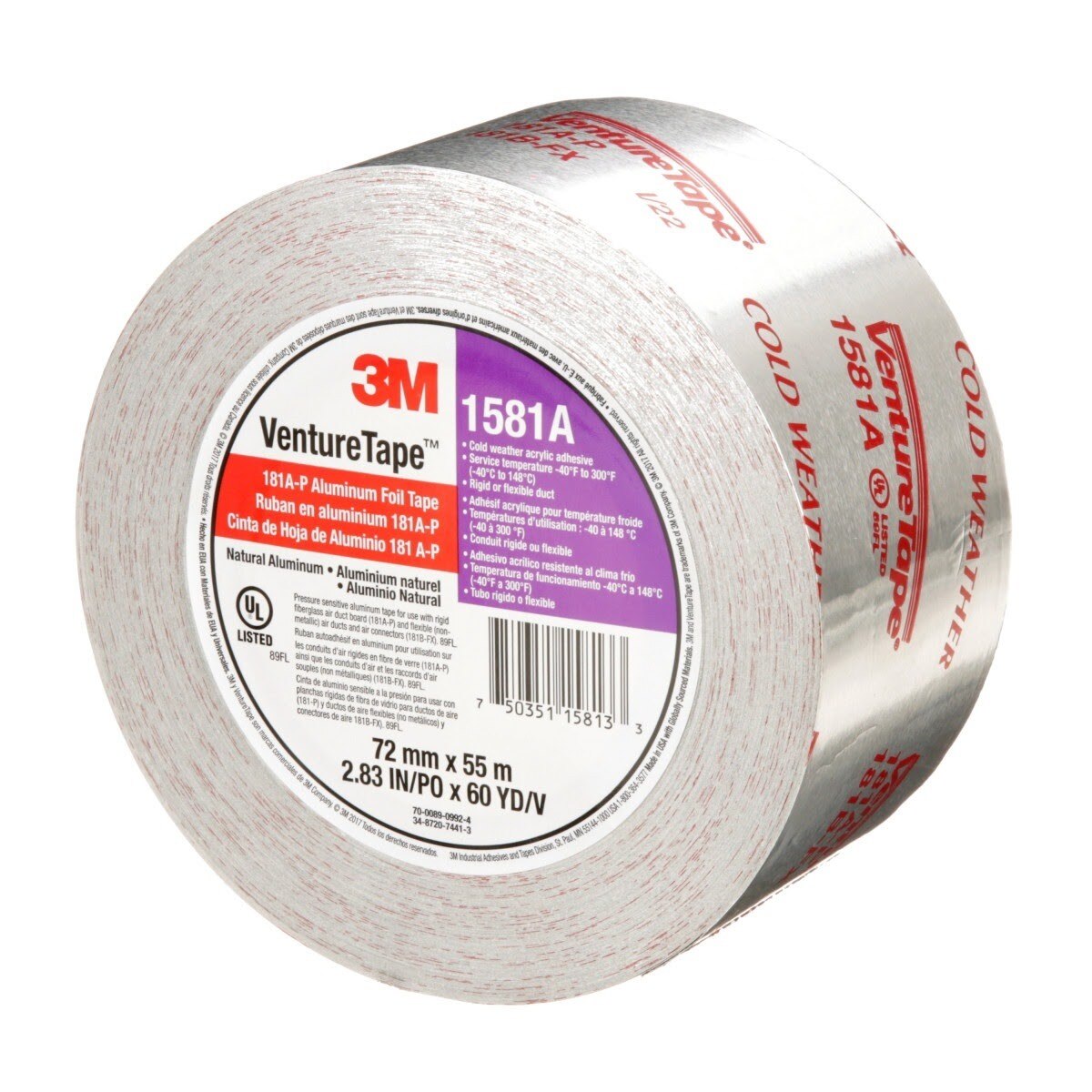 3M UL181A-P 1581A Venture Tape Aluminum Foil Tape, Silver, 72 mm x 55 m, 2 mil (7100043929) - (16Pack) - 2