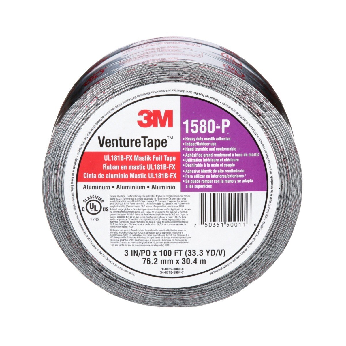 3M Venture Tape UL181B-FX Mastik Foil Tape, Silver, 3 in x 100 ft (1580-P) (7100043954) - (16Pack)