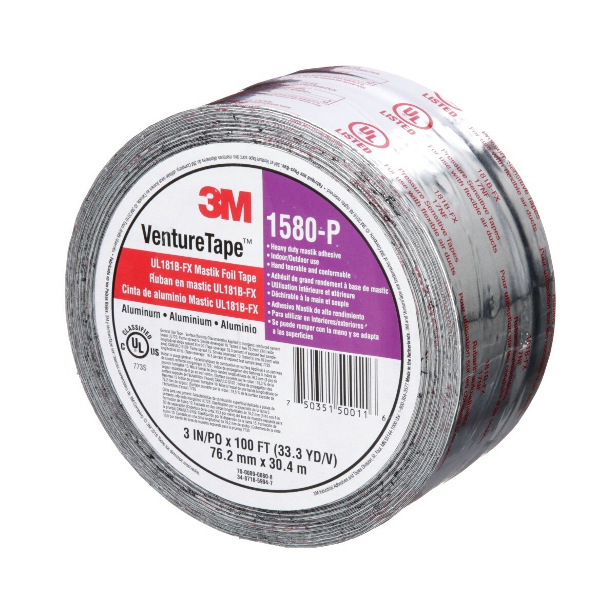 3M Venture Tape UL181B-FX Mastik Foil Tape, Silver, 3 in x 100 ft (1580-P) (7100043954) - (16Pack) - 4