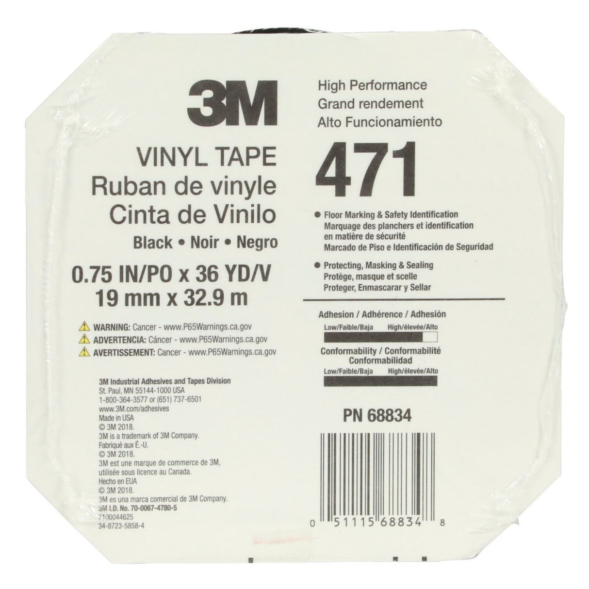 3M 471 Vinyl Tape, Black, 3/4 in x 36 yd, 5.2 mil (471 IW) (7100044625) - (48Pack) - 9