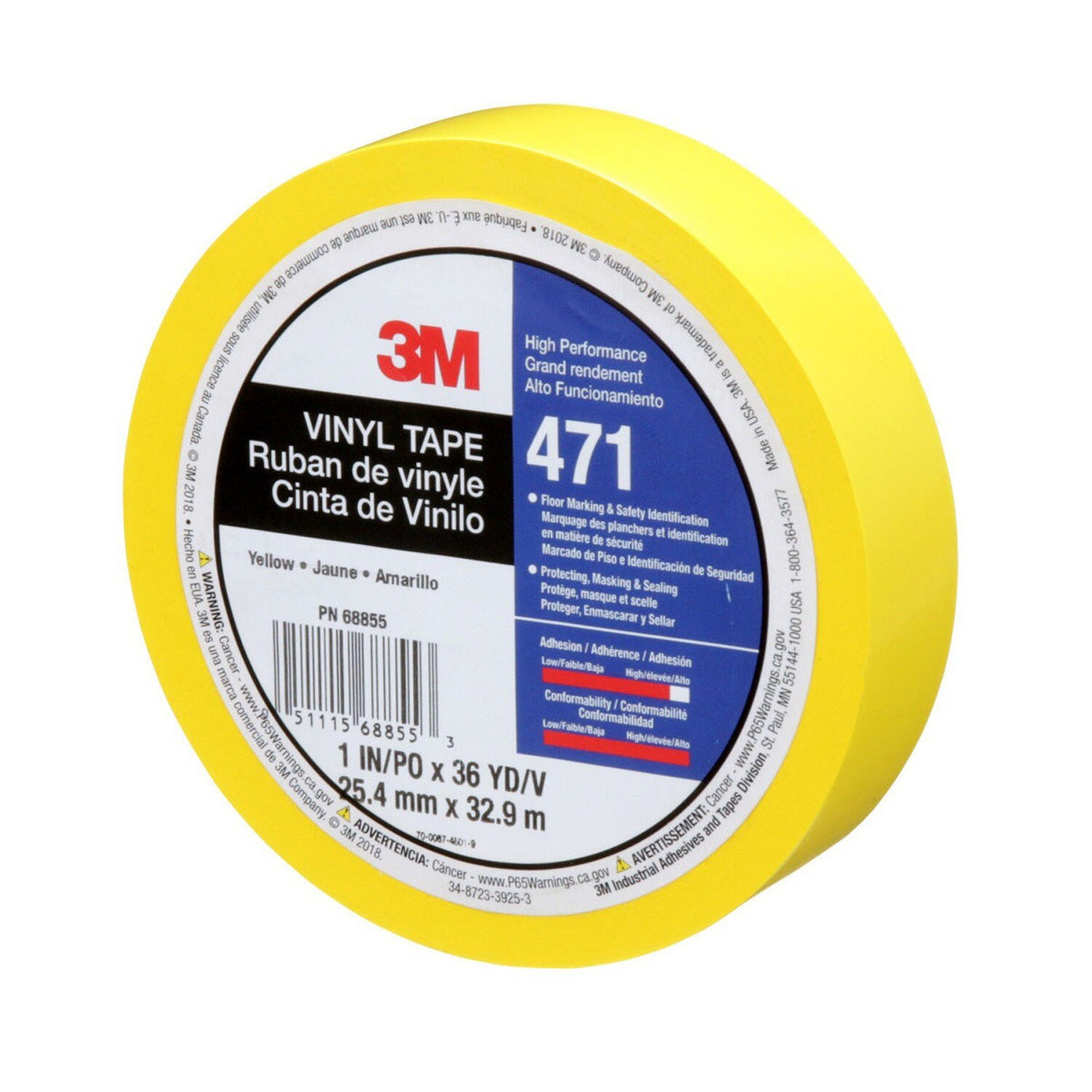 3M 471 Vinyl Tape, Yellow, 1 in x 36 yd, 5.2 mil, Roll (471 IW) (7100044642) - (36Pack) - 8