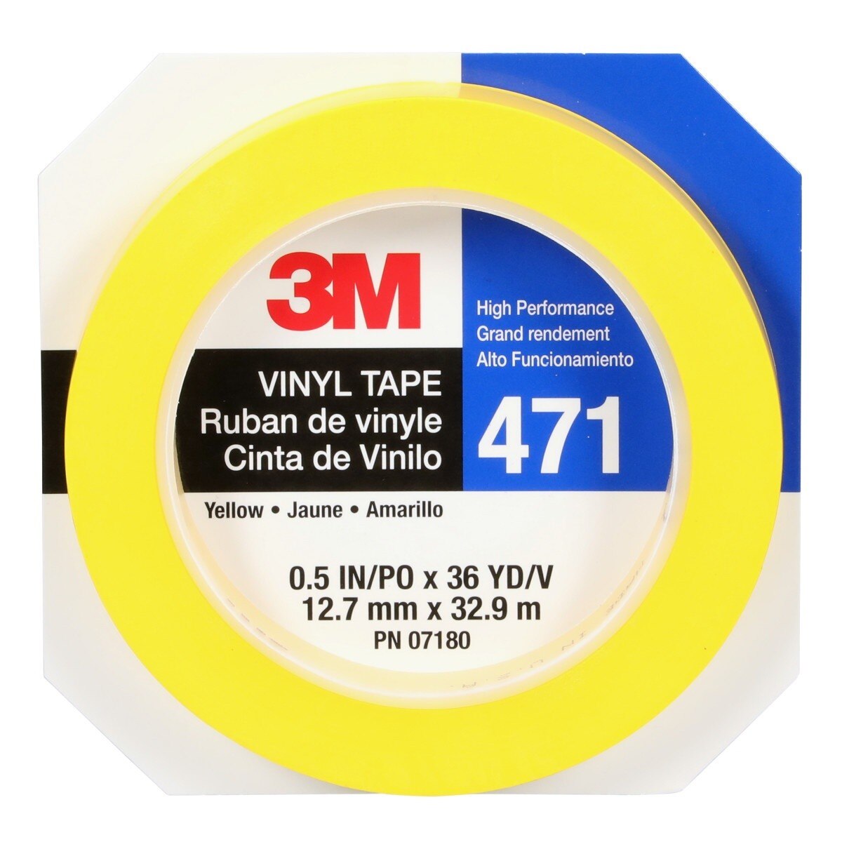 3M 471 Vinyl Tape, Yellow, 1/2 in x 36 yd, 5.2 mil (7100044646) - (72Pack) - 8