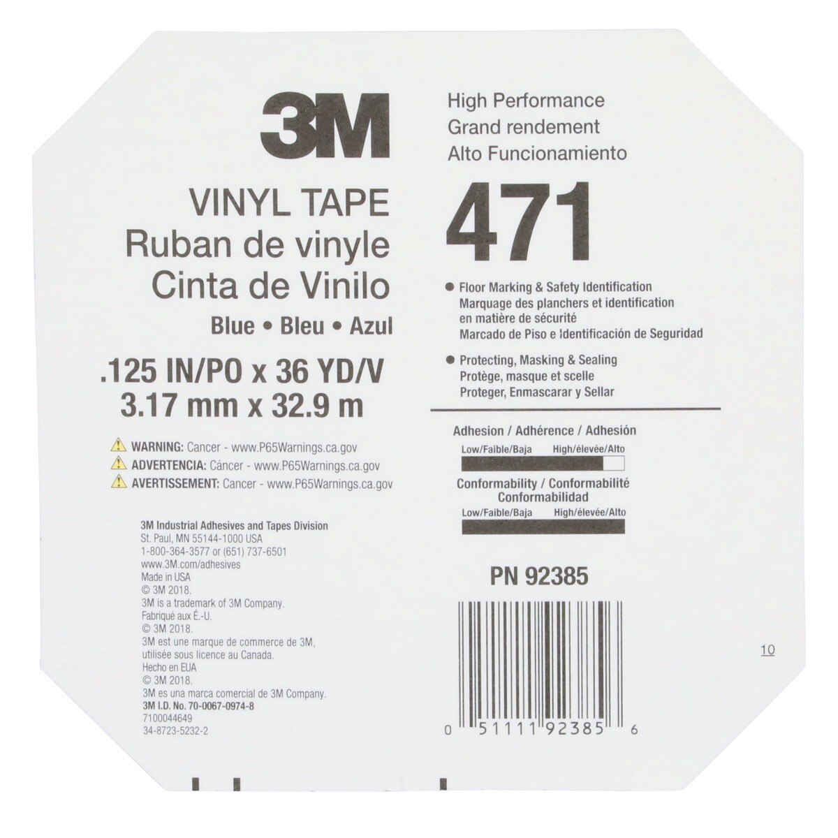 3M 471 Vinyl Tape, Blue, 1/8 in x 36 yd, 5.2 mil (36405) (7100044649) - (12Pack) - 10