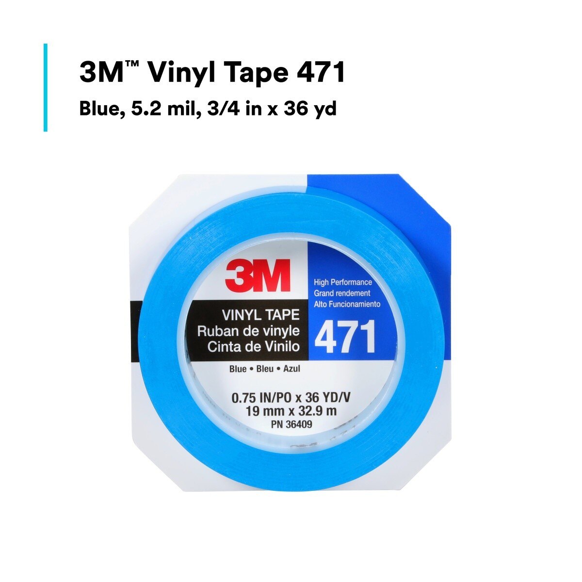 3M 471 Vinyl Tape, Blue, 3/4 in x 36 yd, 5.2 mil (7100044653) - (48Pack) - 7