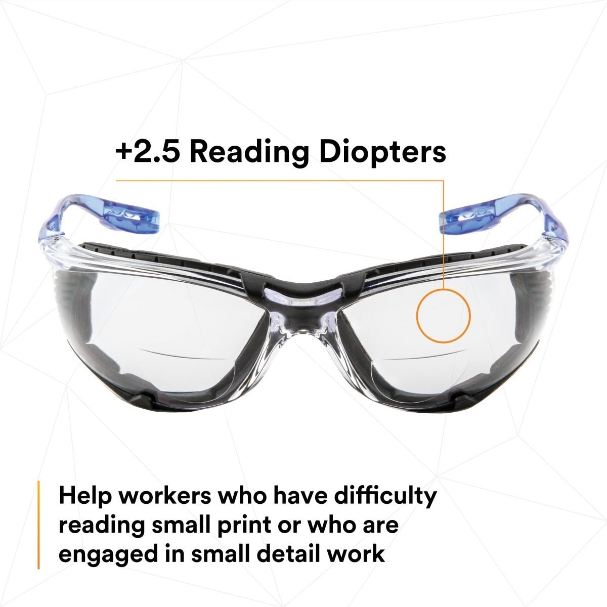3M VC225AF Virtua CCS Safety Glasses with Readers 2.5 Diopter, ANSI Z87, Anti-Fog, Clear Lens, Blue Temples, Removable Foam Gasket (7100046673) - (20Pack) - 7