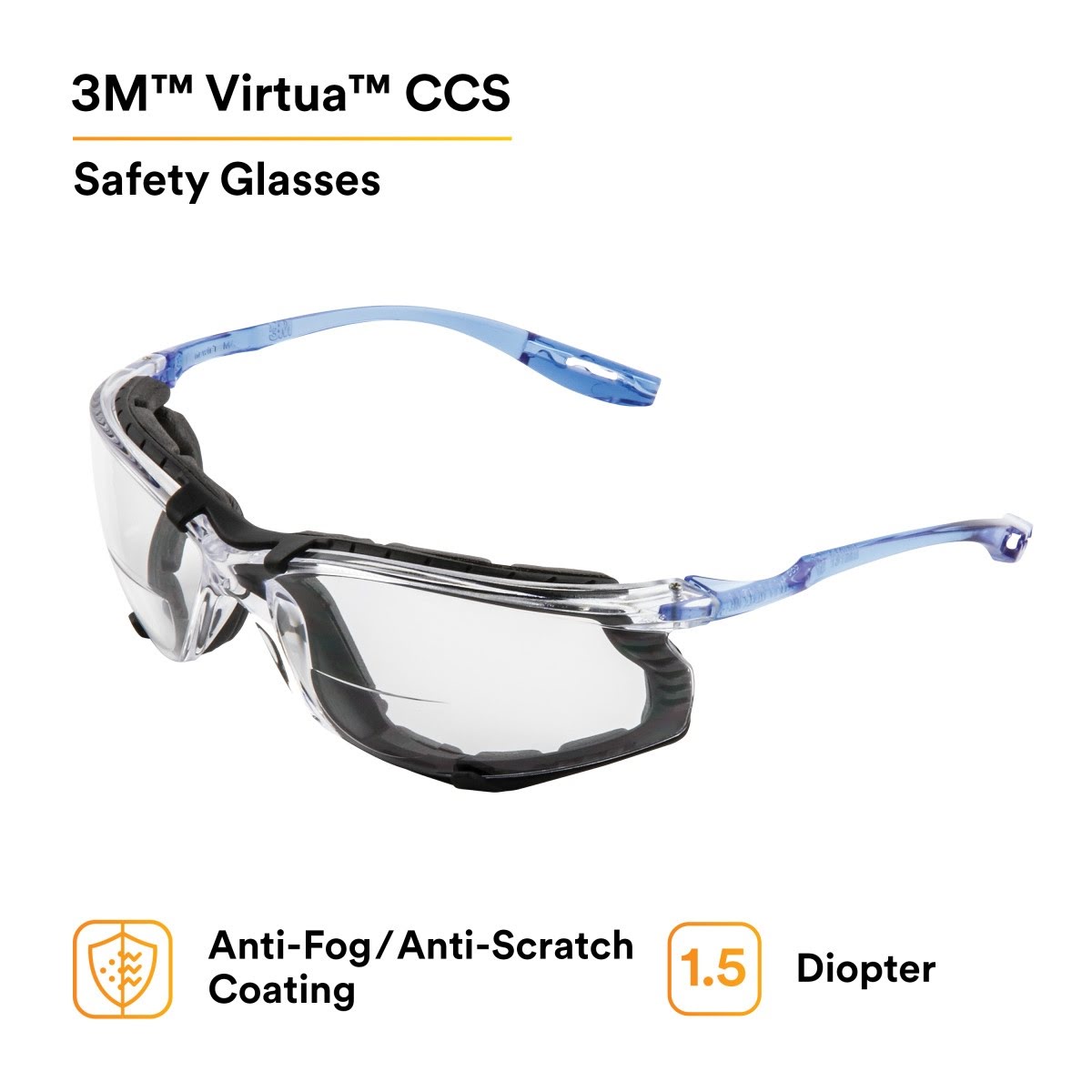 3M VC215AF Virtua CCS Safety Glasses with Readers, +1.5 Diopter, Anti Fog Anti Scratch, Clear Lens, Blue Temples, Removable Foam Gasket (7100046796) - (20Pack) - 8
