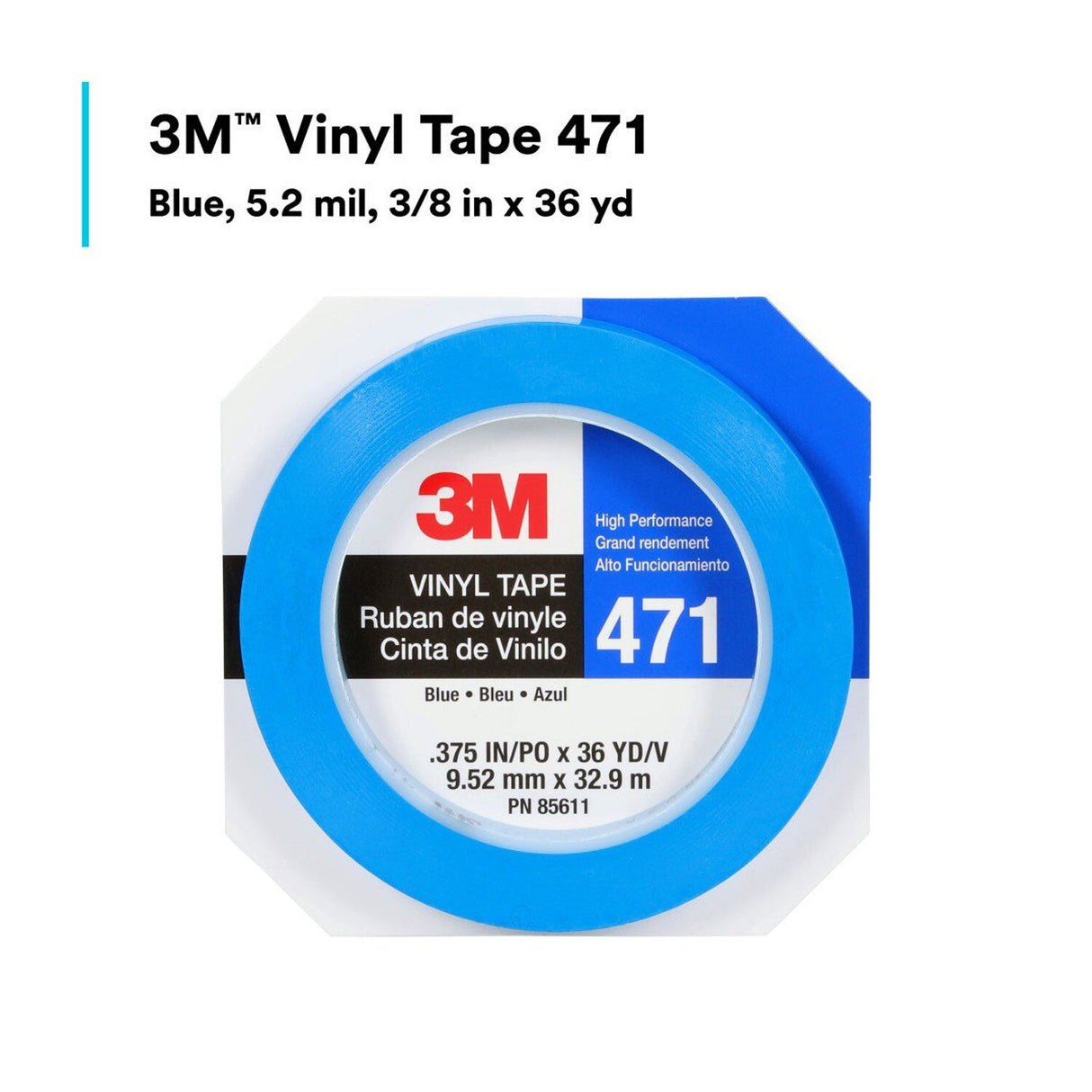 3M 471 Vinyl Tape, Blue, 3/8 in x 36 yd, 5.2 mil (85611) (7100049359) - (96Pack) - 10