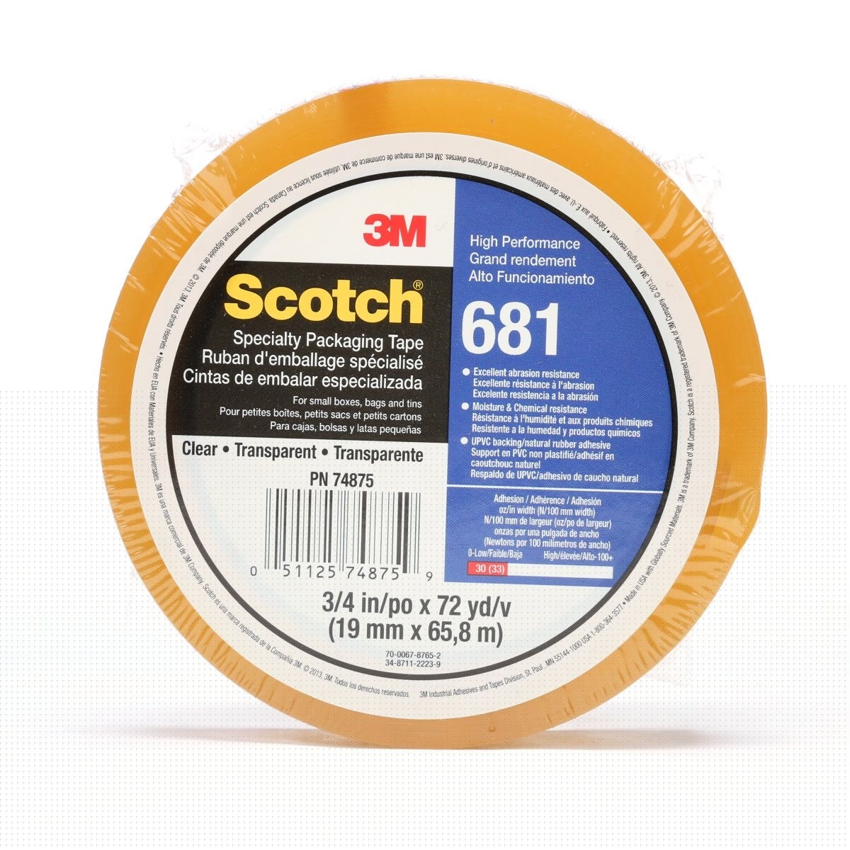 3M 681 Scotch Light Duty Packaging Tape, Clear, Moisture and Chemical Resistant, 3 in x 72 yd (7100053231) (12 Pack)