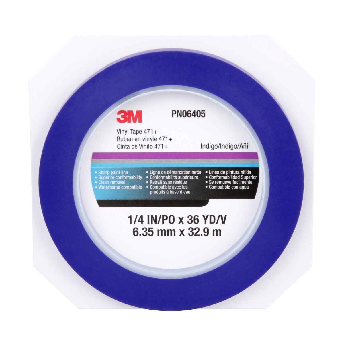 3M 471+ Indigo Vinyl Tape, Fine Line Paint Masking, 1/4 in x 36 yd (7100055835) - (12Pack) - 7
