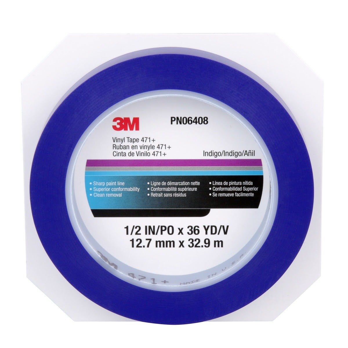 3M 471+ Vinyl Tape 1/2 in x 36 yd Indigo Fine Line Paint Masking Striping Color Separation (7100056217) - (12Pack) - 3