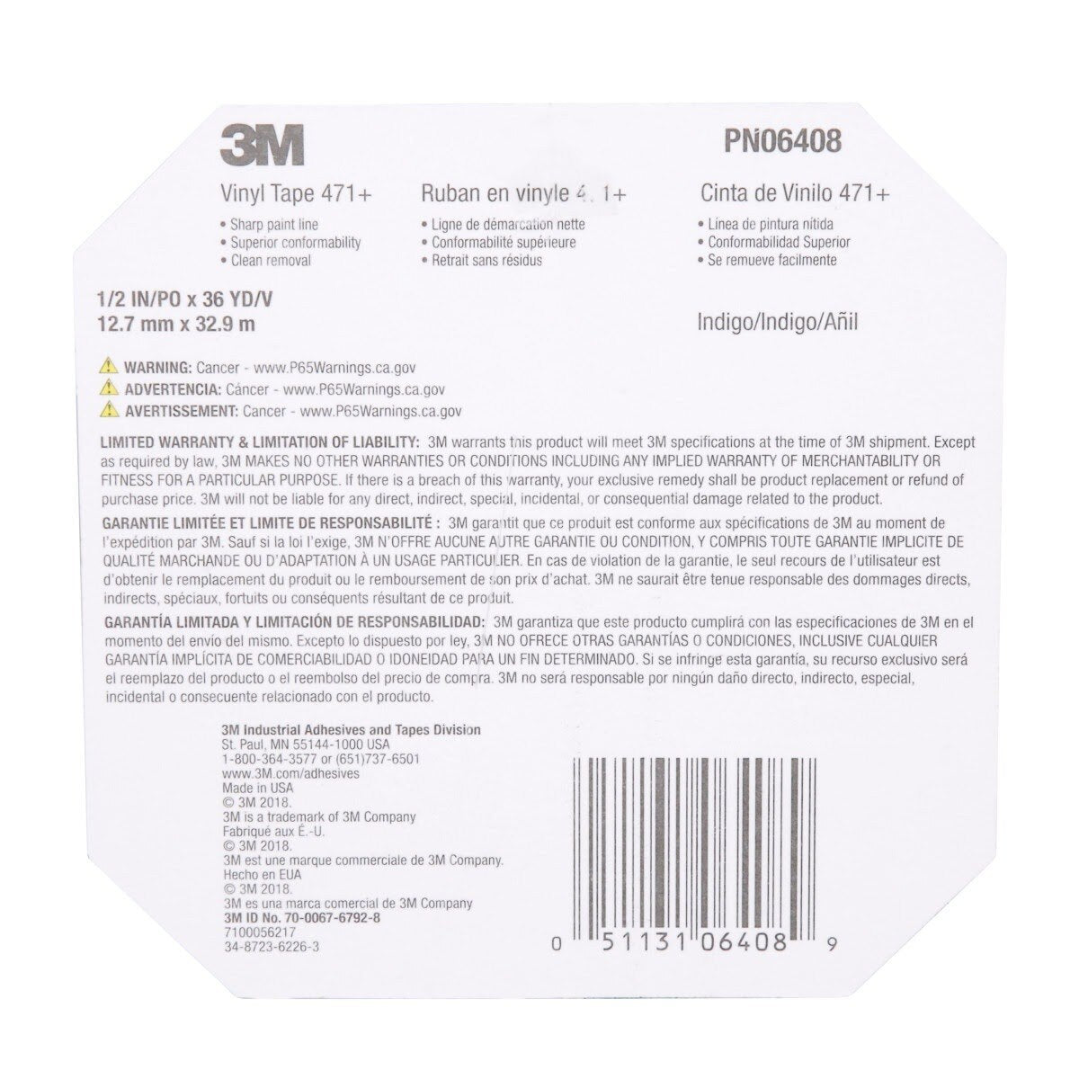 3M 471+ Vinyl Tape 1/2 in x 36 yd Indigo Fine Line Paint Masking Striping Color Separation (7100056217) - (12Pack) - 9