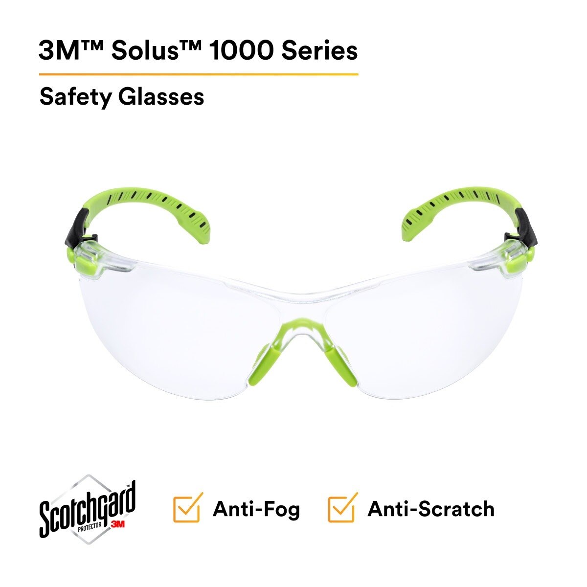 3M S1201SGAF Solus 1000 Safety Glasses, Clear Polycarbonate Lens, Scotchgard Anti-Fog Anti-Scratch, Green/Black Half-Frame, Padded Temples, Soft Nosebridge, ANSI Z87.1 UV Protection (7100079049) - (20Pack) - 3