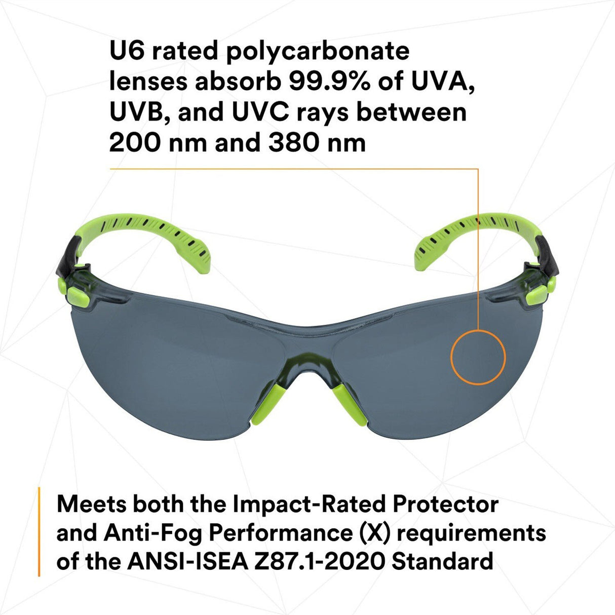 3M S1202SGAF Solus 1000 Series Safety Glasses, Scotchgard Anti-Fog, Gray Lens, Green/Black Frame, ANSI Z87.1, UV Protection (7100079180) - (20Pack) - 6