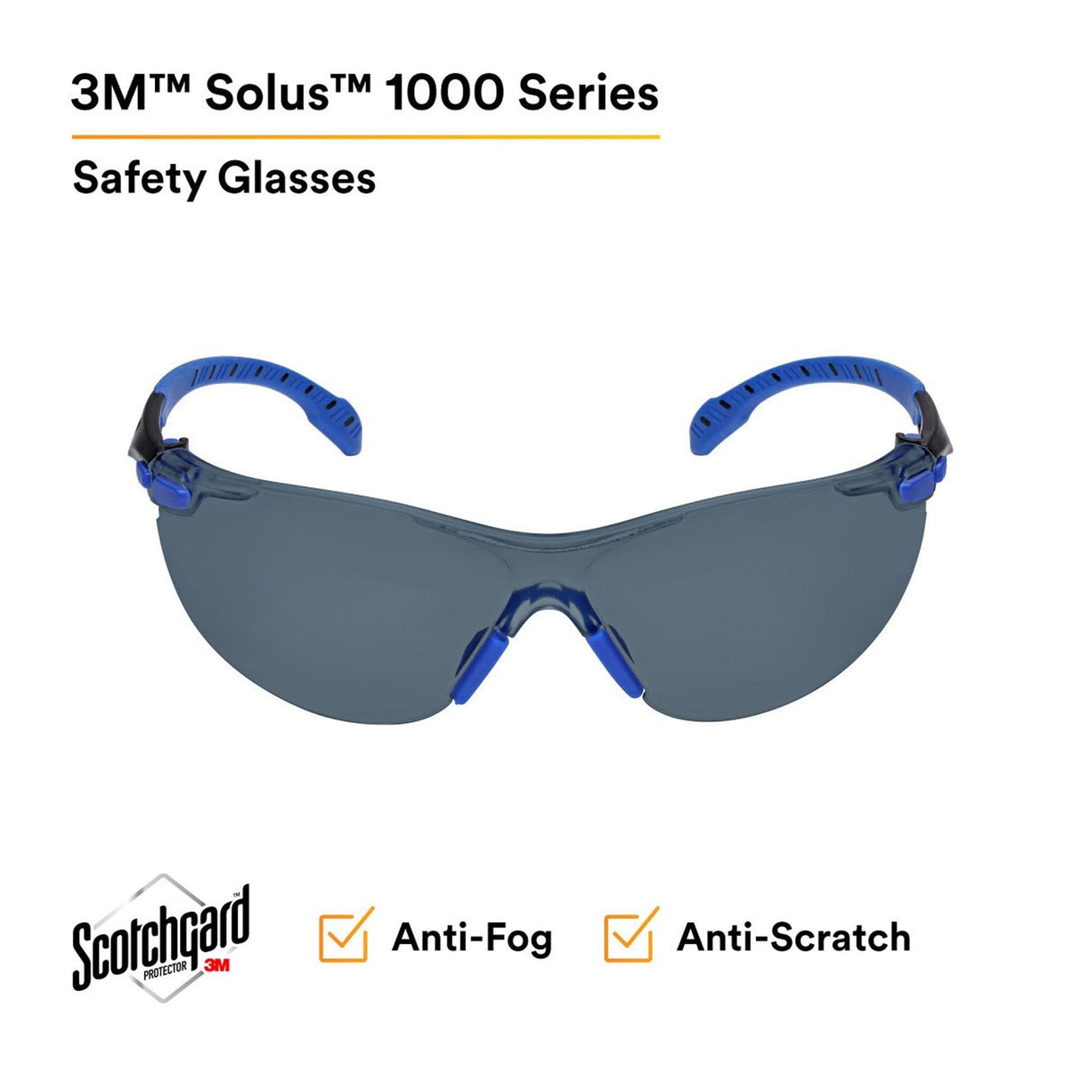 3M S1102SGAF Solus 1000 Series Safety Glasses, Gray Lens, Blue/Black Frame, Scotchgard Anti-Fog, ANSI Z87 UV Protection (7100079184) - (20Pack) - 3