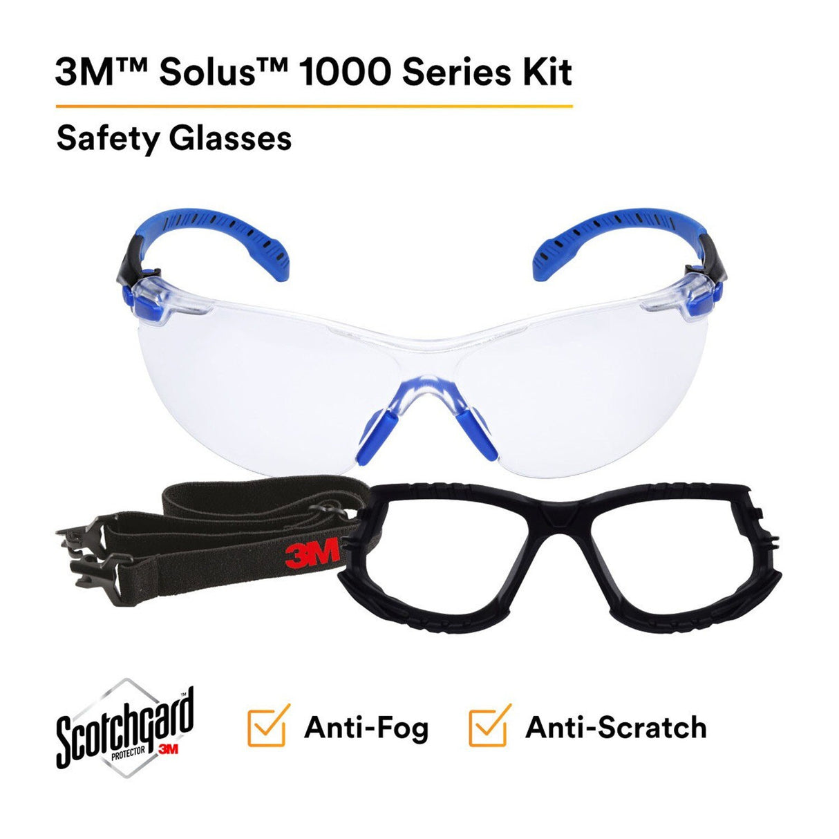 3M Solus Safety Glasses 1000 Series Scotchgard Anti-Fog Clear Lens Blue/Black Frame Removable Foam Gasket and Strap (27189) (7100079186) - (20Pack) - 5