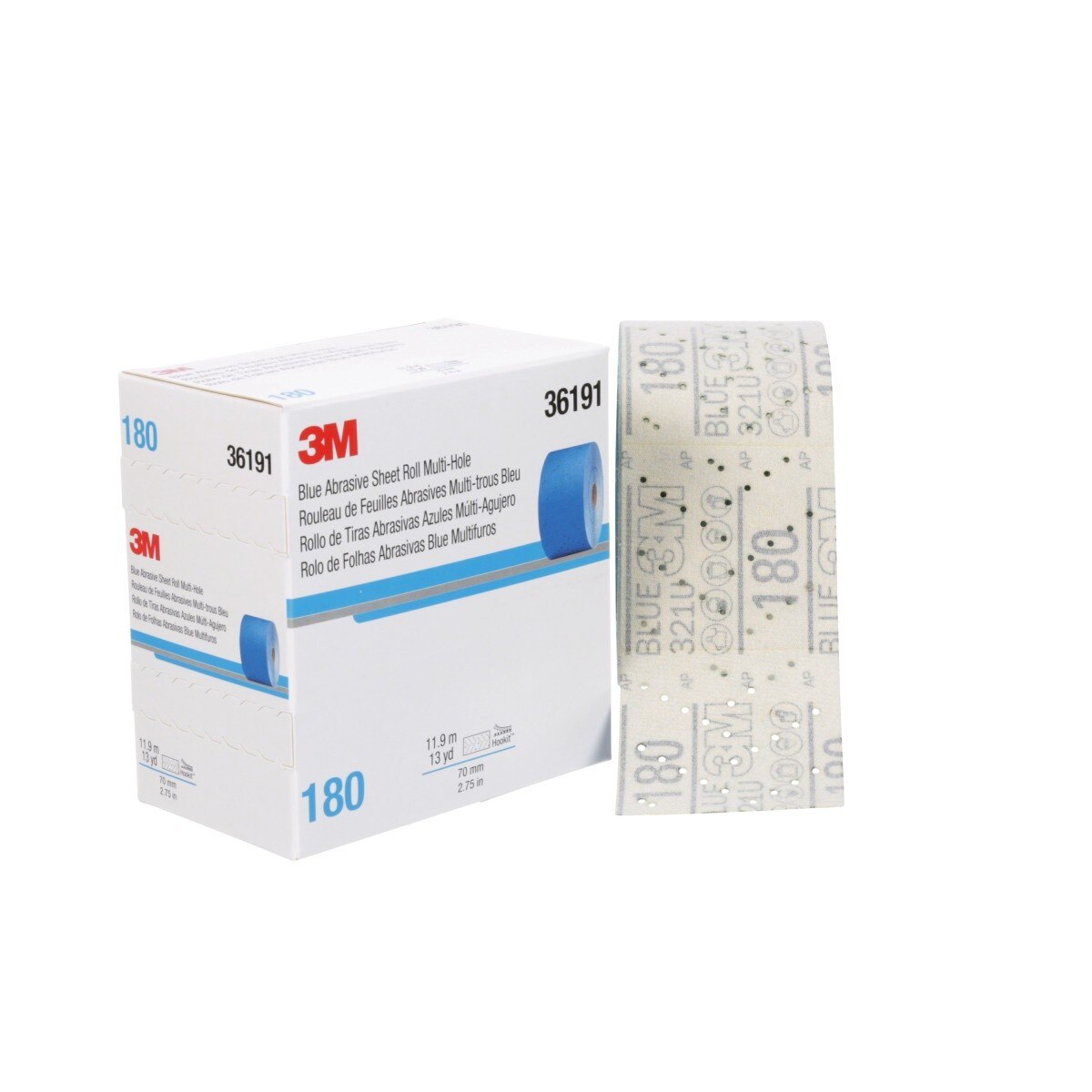 3M 321U Hookit Blue Abrasive Sheet Roll, Multi-Hole, 2.75 in x 13 yd, 180 Grit (36191) (7100091070) - (4Pack) - 4