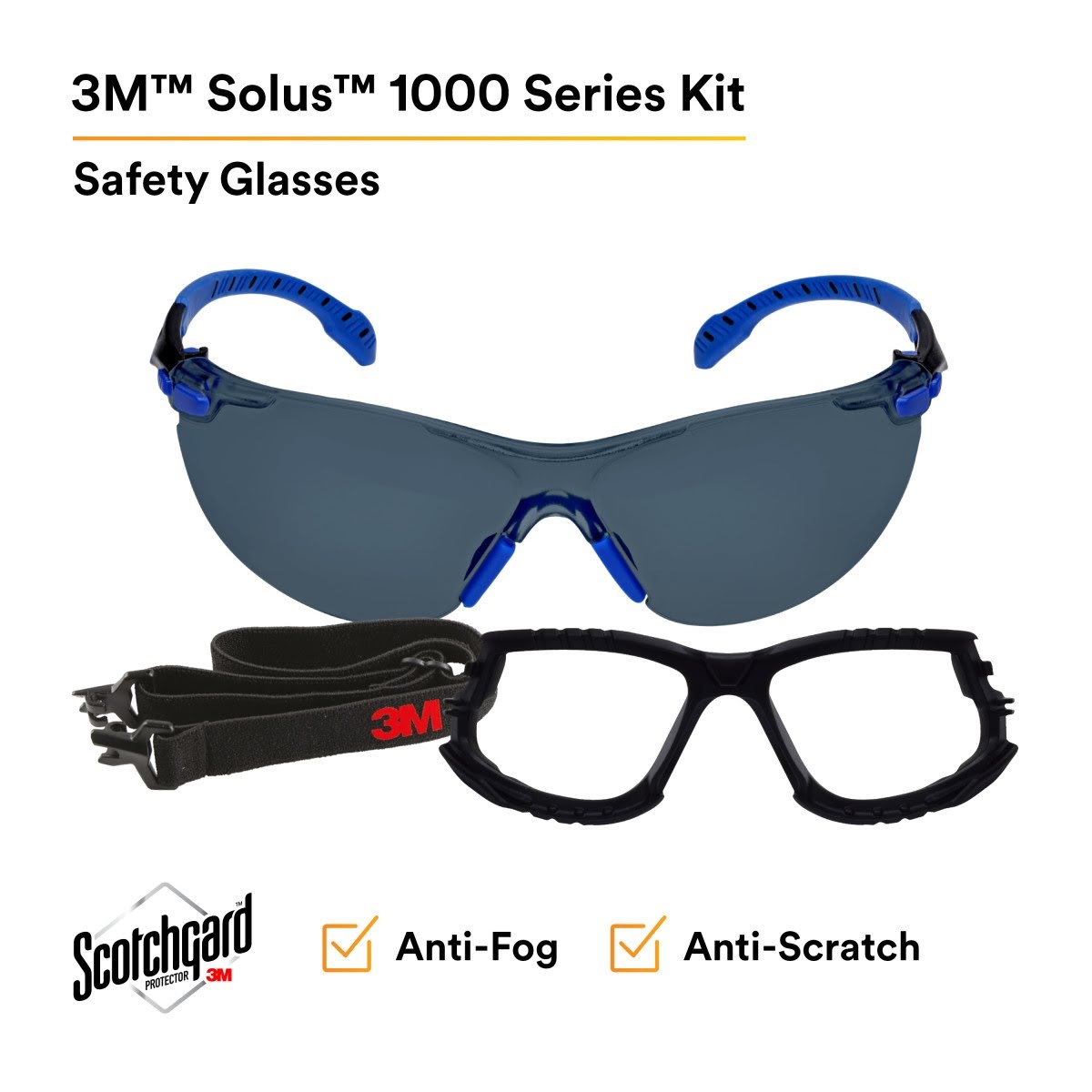 3M S1102SGAF-KT Solus 1000-Series Safety Glasses Kit with Foam Gasket and Elastic Strap, Gray Anti-Fog Lens, Blue Black Frame (7100105846) - (20 Pack) - 2