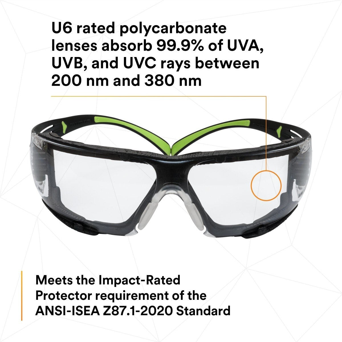 3M SF410AS-FM SecureFit Safety Glasses, Indoor/Outdoor Mirror Anti-Scratch Lens, Green/Black Frame, Removable Foam Gasket, ANSI Z87 UV Protection (7100112223) - (20Pack) - 6