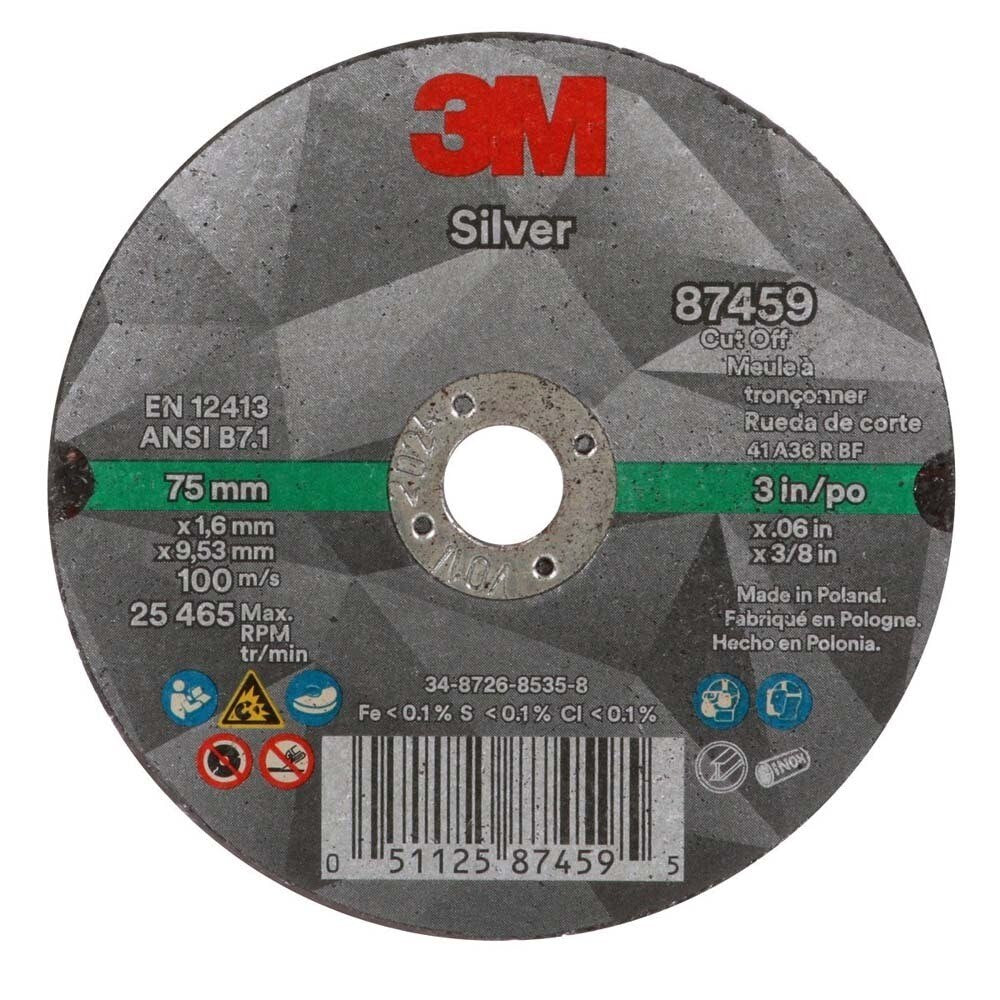 3M 87459 Silver Cut-Off Wheel 3 in x 0.060 in x 3/8 in for Stainless and Mild Steel Pipe Cutting (7100139210) (50 Pack) - 2