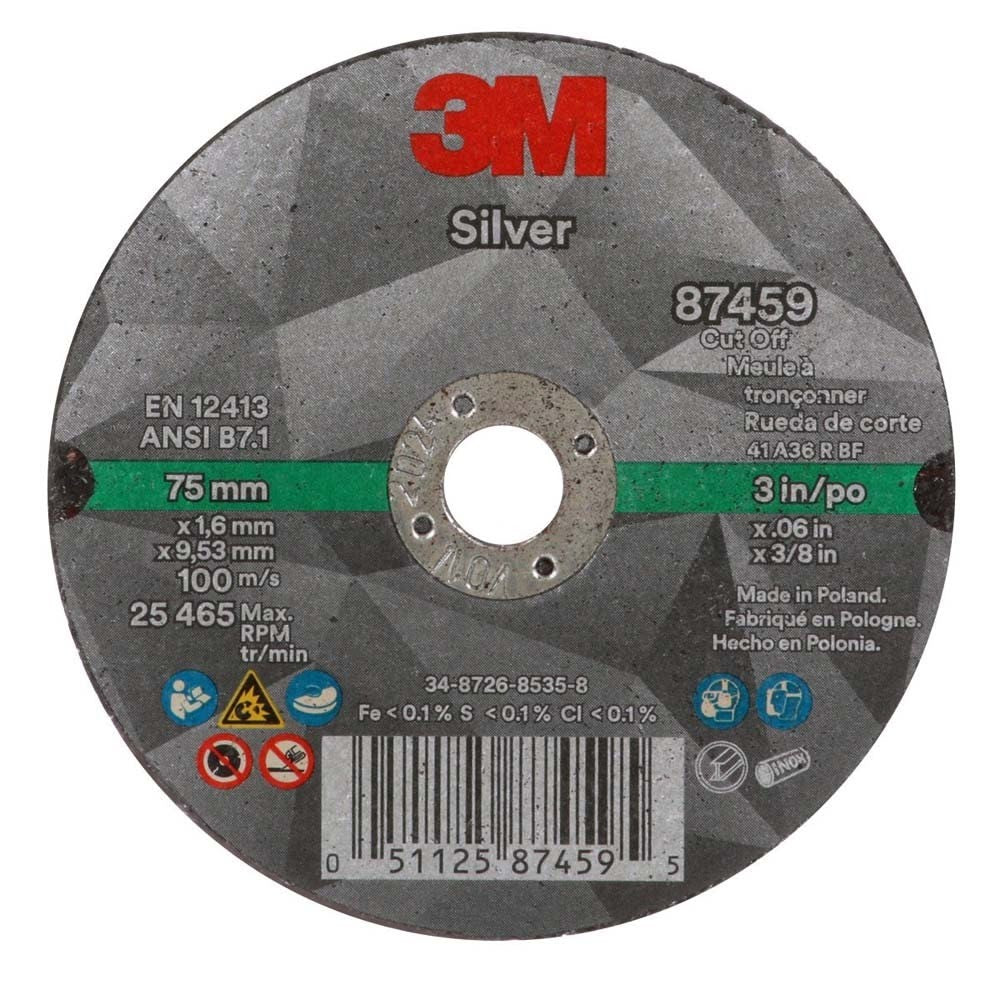 3M 87459 Silver Cut-Off Wheel 3 in x 0.060 in x 3/8 in for Stainless and Mild Steel Pipe Cutting (7100139210) (25 Pack) - 2