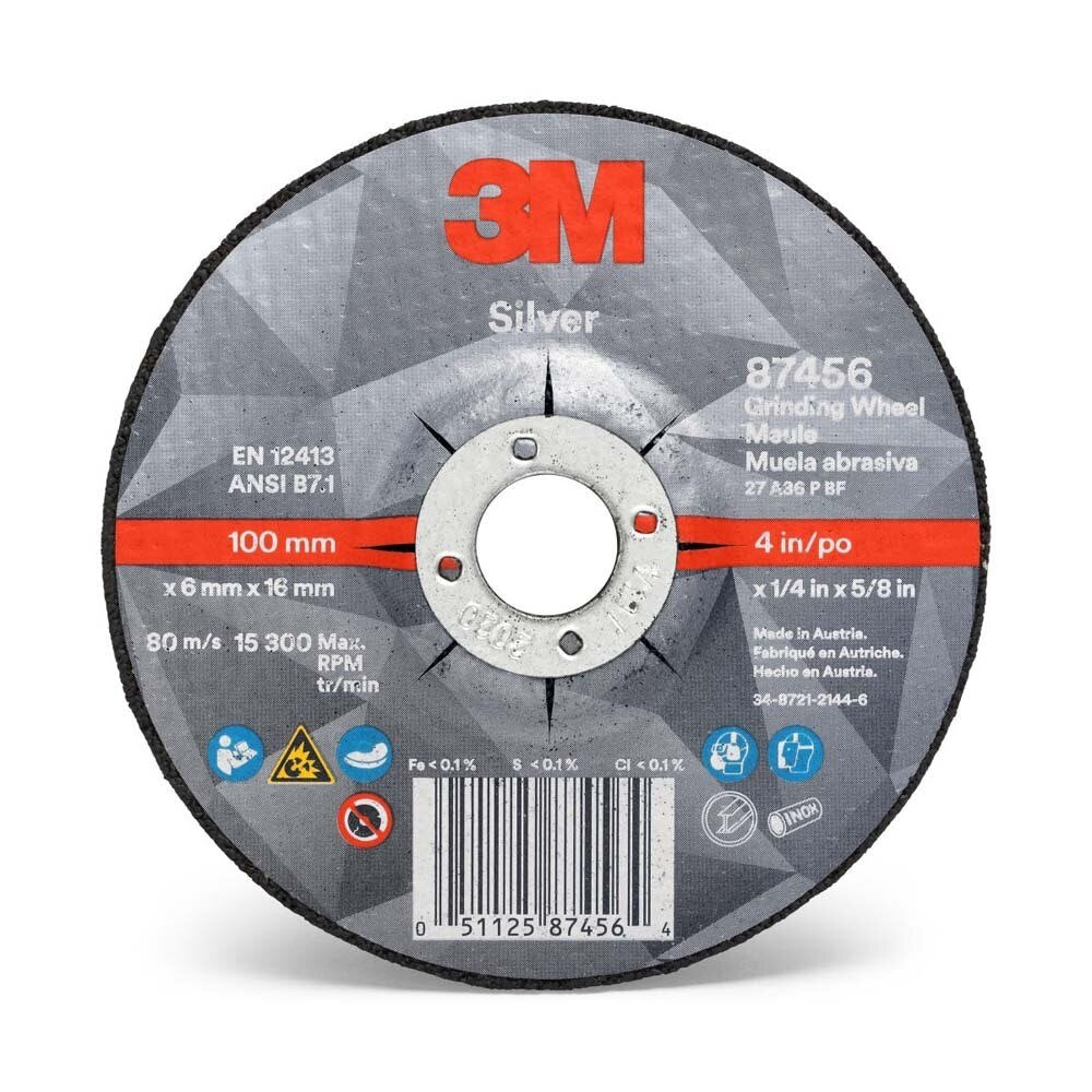 3M 87456 Silver Depressed Center Grinding Wheel, 36+, T27, 4 in x 1/4 in x 5/8 in (7100141076) (20 Pack)