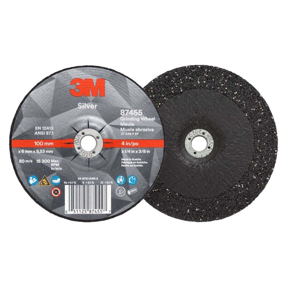 3M 87455 Silver Depressed Center Grinding Wheel, 36+, T27, 4 in x 1/4 in x 3/8 in (7100141077) (20 Pack) - 2