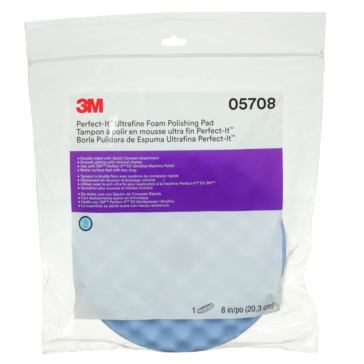 3M 05708 Hookit Ultrafine Foam Polishing Pad, Double Sided Quick Connect, Waffle Face, Blue, 8 in (7100145281) - (6 Pack) - 5