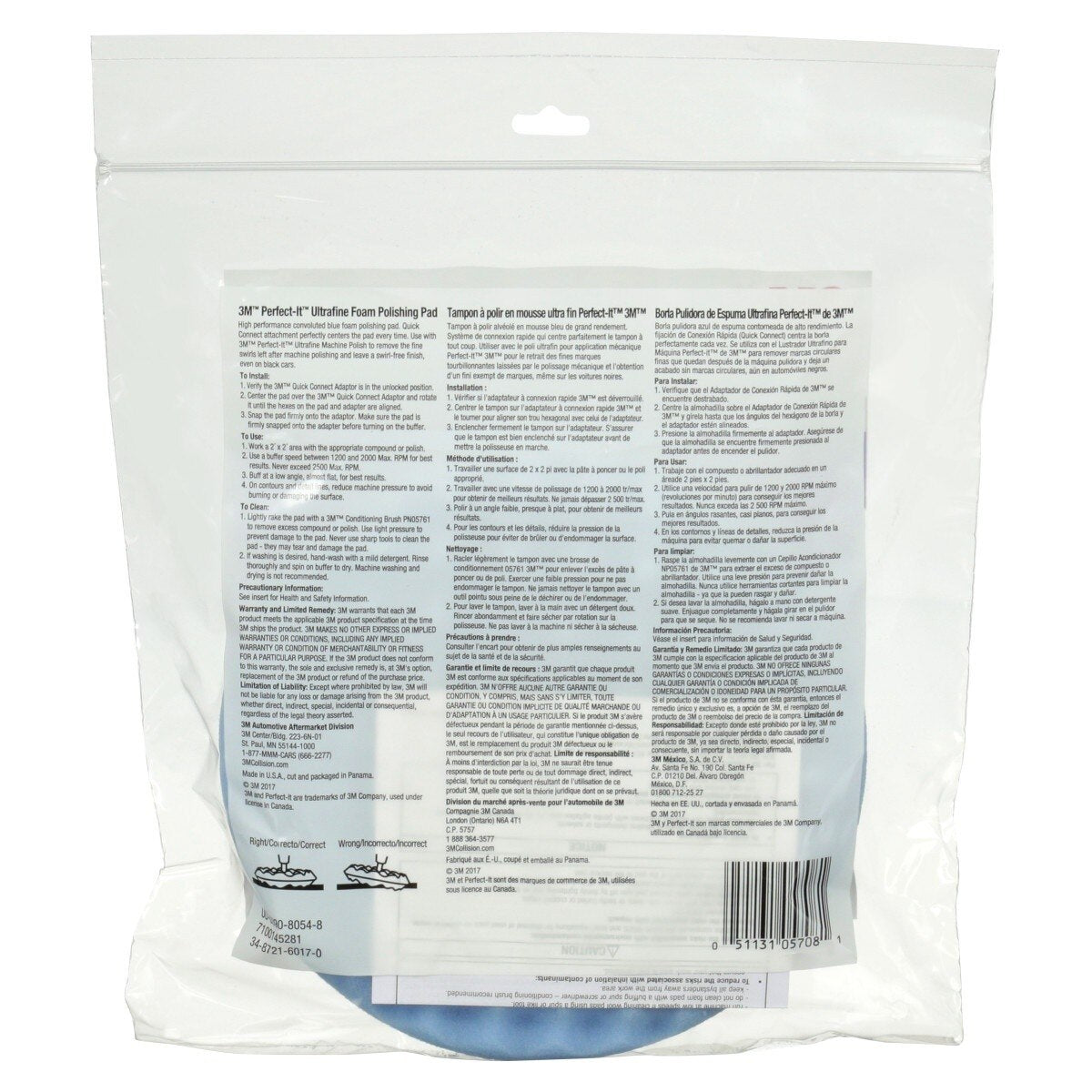 3M 05708 Hookit Ultrafine Foam Polishing Pad, Double Sided Quick Connect, Waffle Face, Blue, 8 in (7100145281) - (6 Pack) - 8