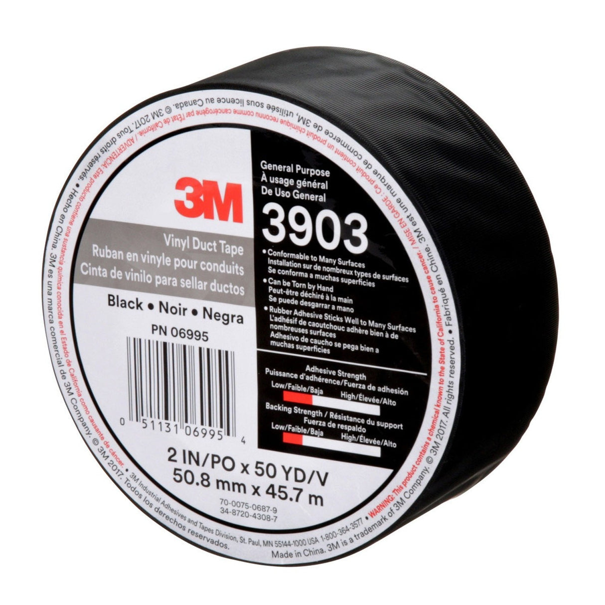 3M 3903 Vinyl Duct Tape, Black, 2 in x 50 yd, 6.5 mil, Individually Wrapped (7100145924) - (24Pack) - 6