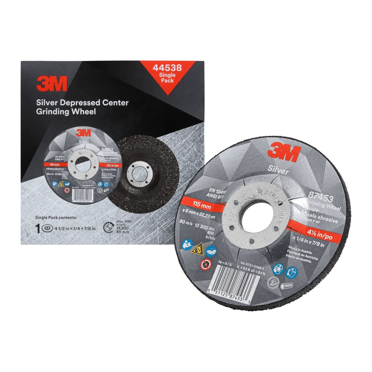 3M 44538 Silver Depressed Center Grinding Wheel, T27, 36 Plus, 4-1/2 in x 1/4 in x 7/8 in, Black, Center Hole, For Deburring and Heavy Stock Removal on Stainless Steel and Mild Steel with Right Angle Grinders (7100147339) - (20 Pack)