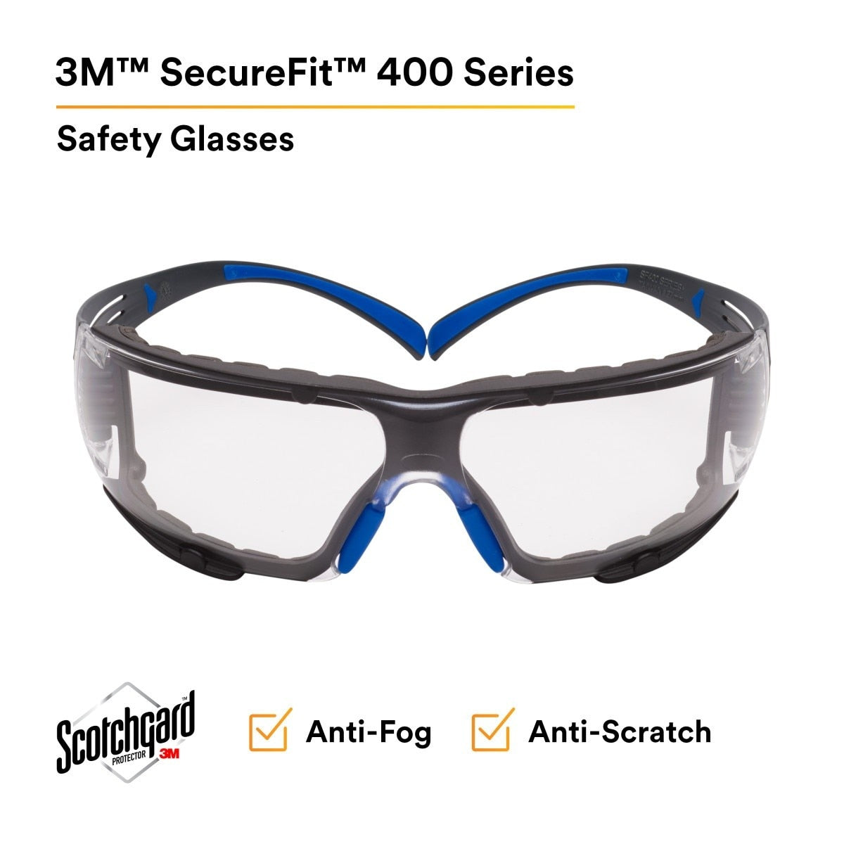 3M SF401SGAF-BLU-F SecureFit 400 Safety Glasses, Clear Polycarbonate Lens with Anti-Fog Anti-Scratch, Blue/Gray Frame, Removable Foam Gasket, ANSI Z87 Eye Protection (7100156104) - (20 Pack) - 6