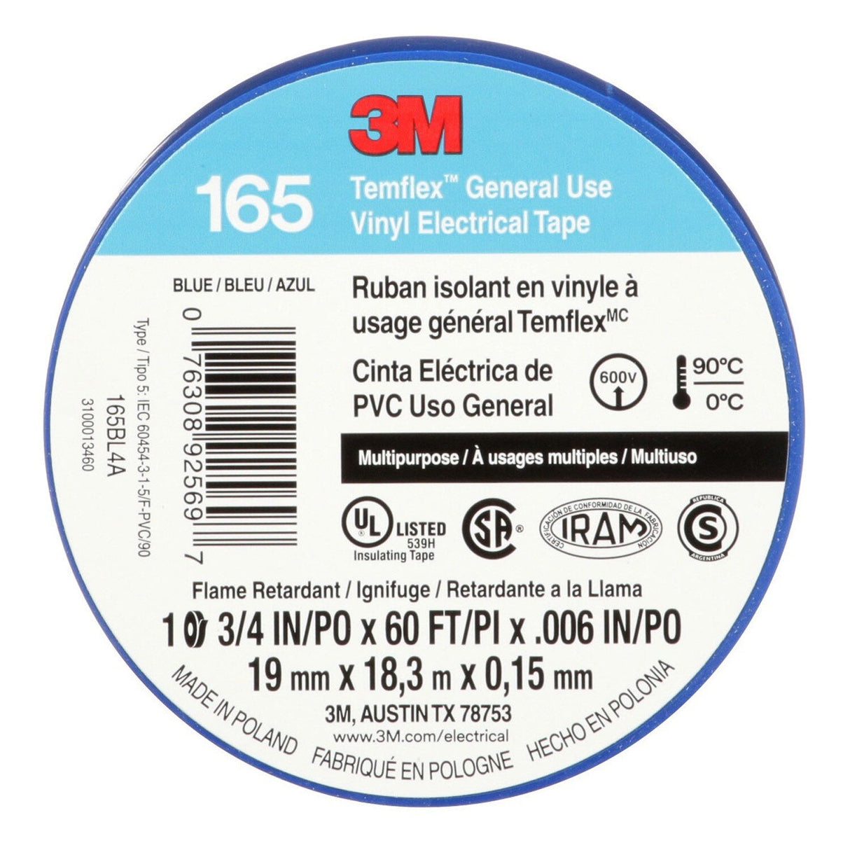 3M 165BL4A Temflex Vinyl Electrical Tape Blue 3/4 in x 60 ft 6 mil Multi-Purpose Flame Retardant (7100169429) - (10 Pack)
