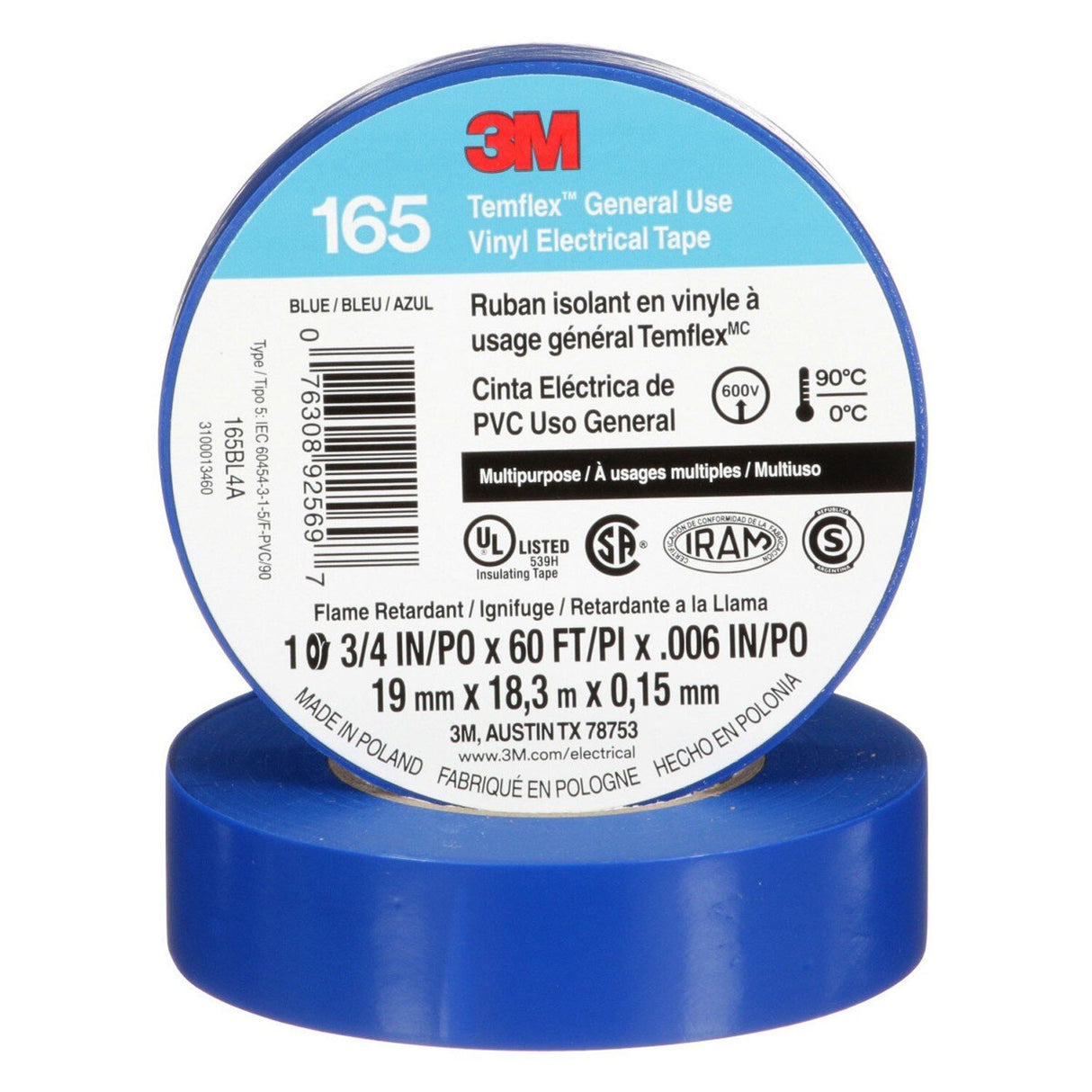 3M 165BL4A Temflex Vinyl Electrical Tape Blue 3/4 in x 60 ft 6 mil Multi-Purpose Flame Retardant (7100169429) - (10 Pack) - 2