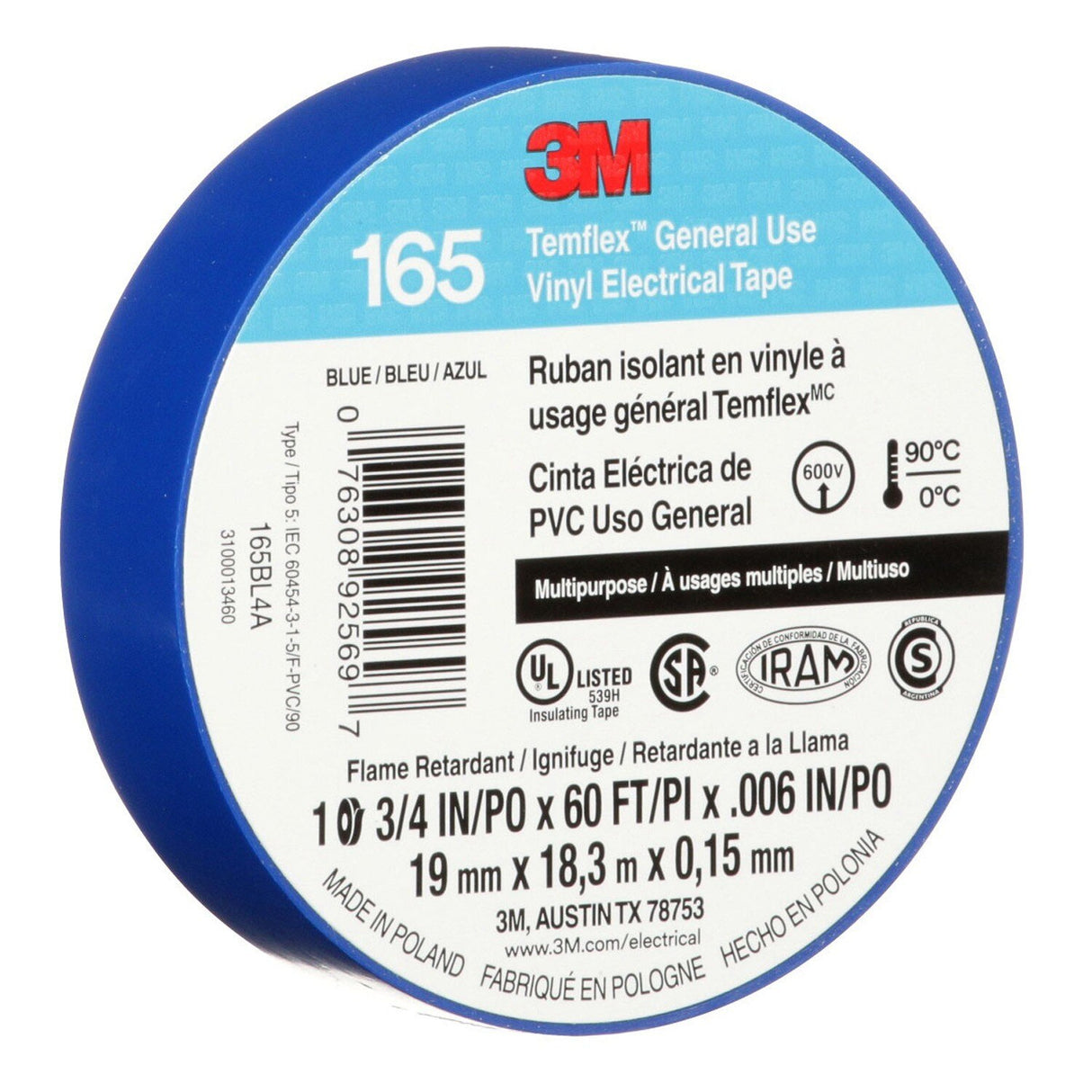 3M 165BL4A Temflex Vinyl Electrical Tape Blue 3/4 in x 60 ft 6 mil Multi-Purpose Flame Retardant (7100169429) - (10 Pack) - 4